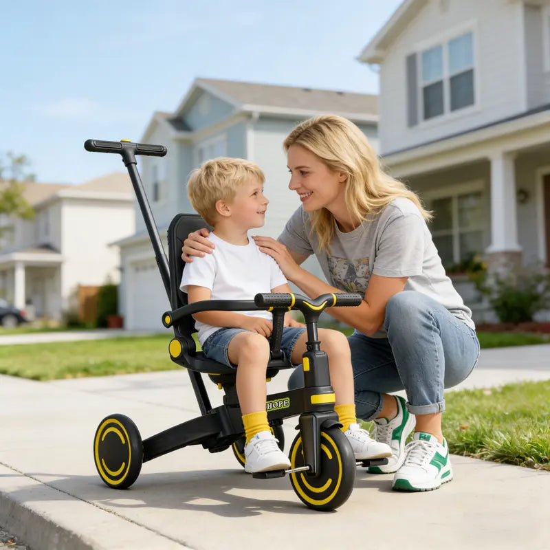 9-in-1 Toddler Tricycle | Anti-Tip Chassis + Easy Folding | Shock-Absorbing PU Wheels