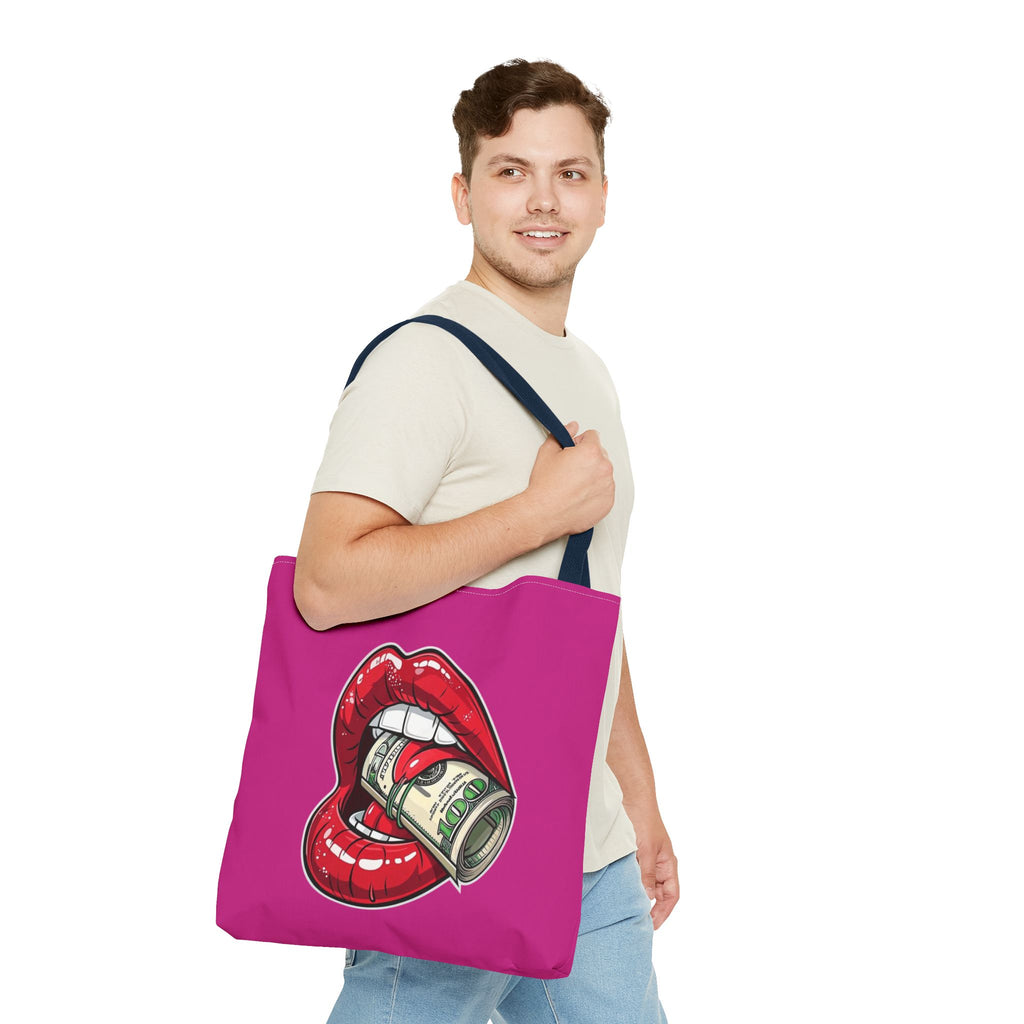 Pink Statement Tote Bag — Red Lips Holding Money Graphic