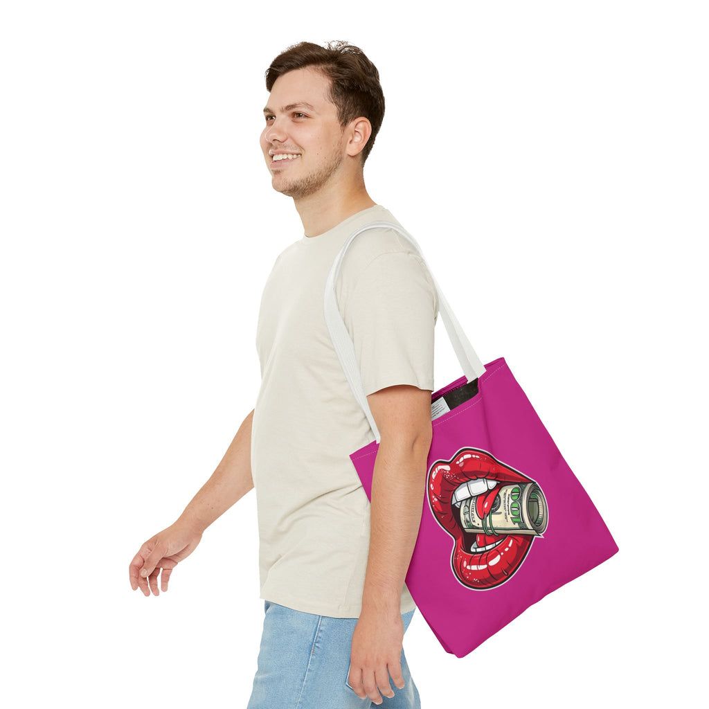 Pink Statement Tote Bag — Red Lips Holding Money Graphic