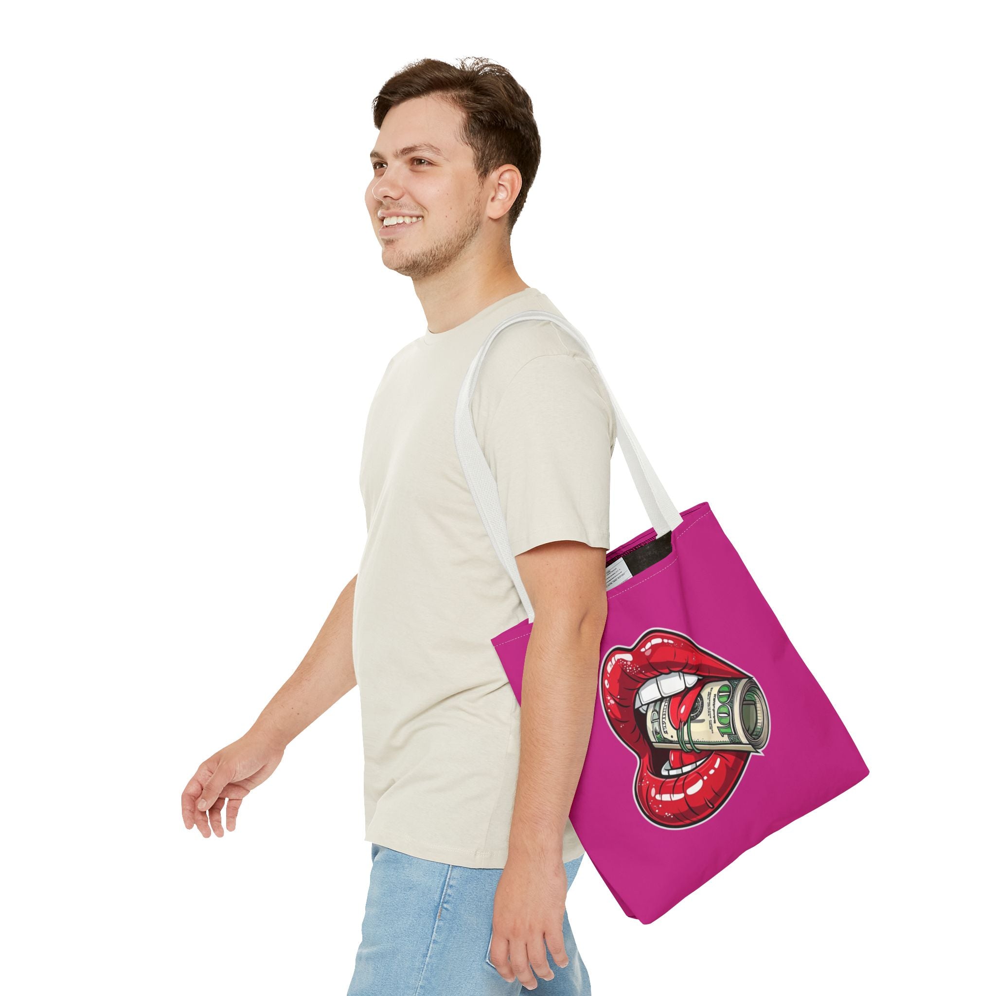 Pink Statement Tote Bag — Red Lips Holding Money Graphic