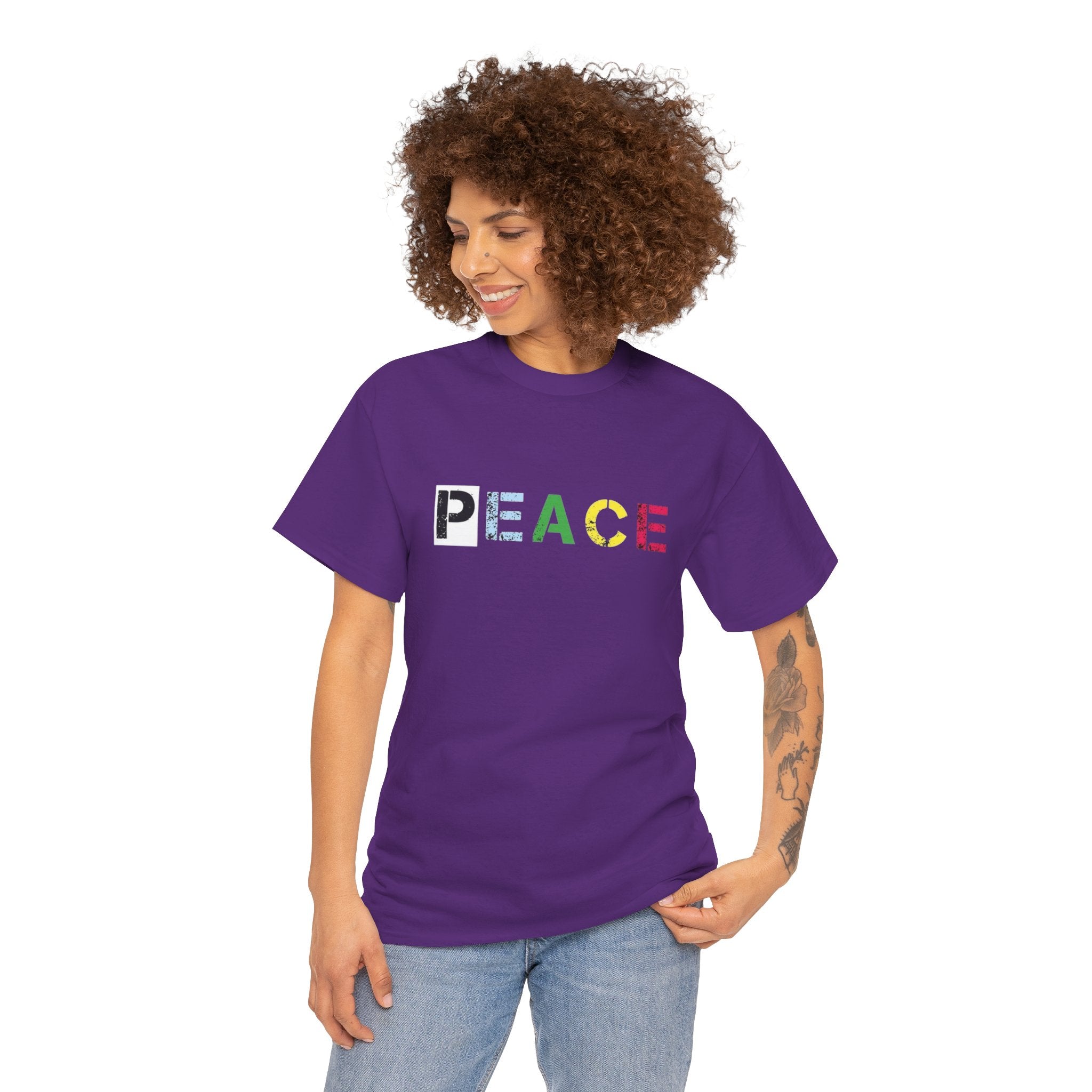 Peace Rainbow Tee — Minimalist Colorful PEACE Graphic T-Shirt