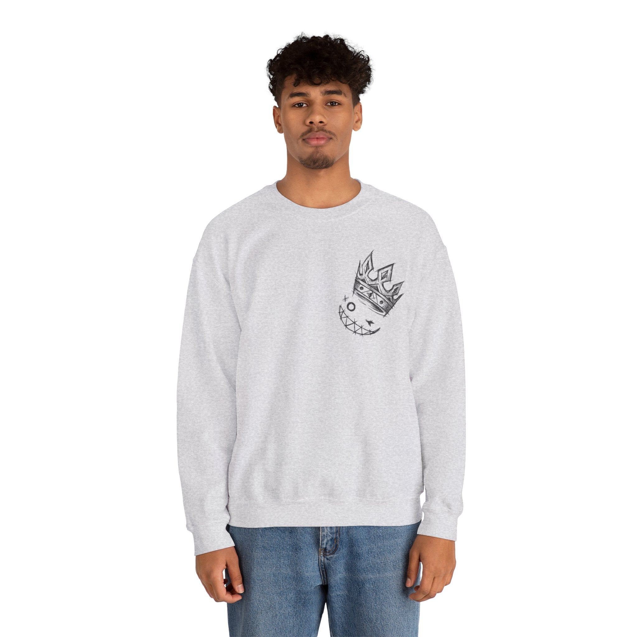 Crowned Grin Crewneck Sweatshirt — Sketch Crown Smile Graphic