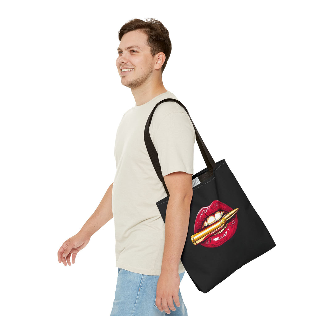Bullet Bite Tote Bag – Edgy Red Lip Art Tote