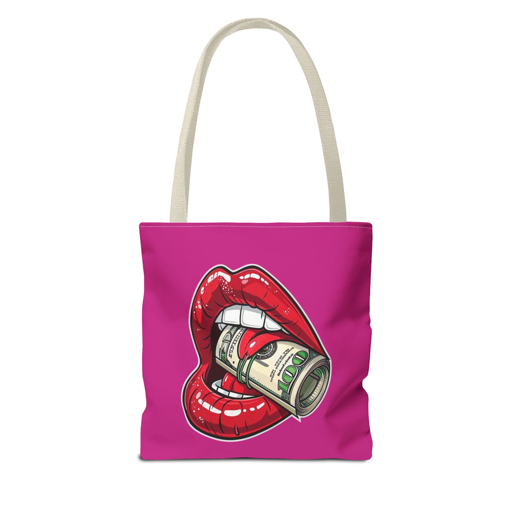 Pink Statement Tote Bag — Red Lips Holding Money Graphic