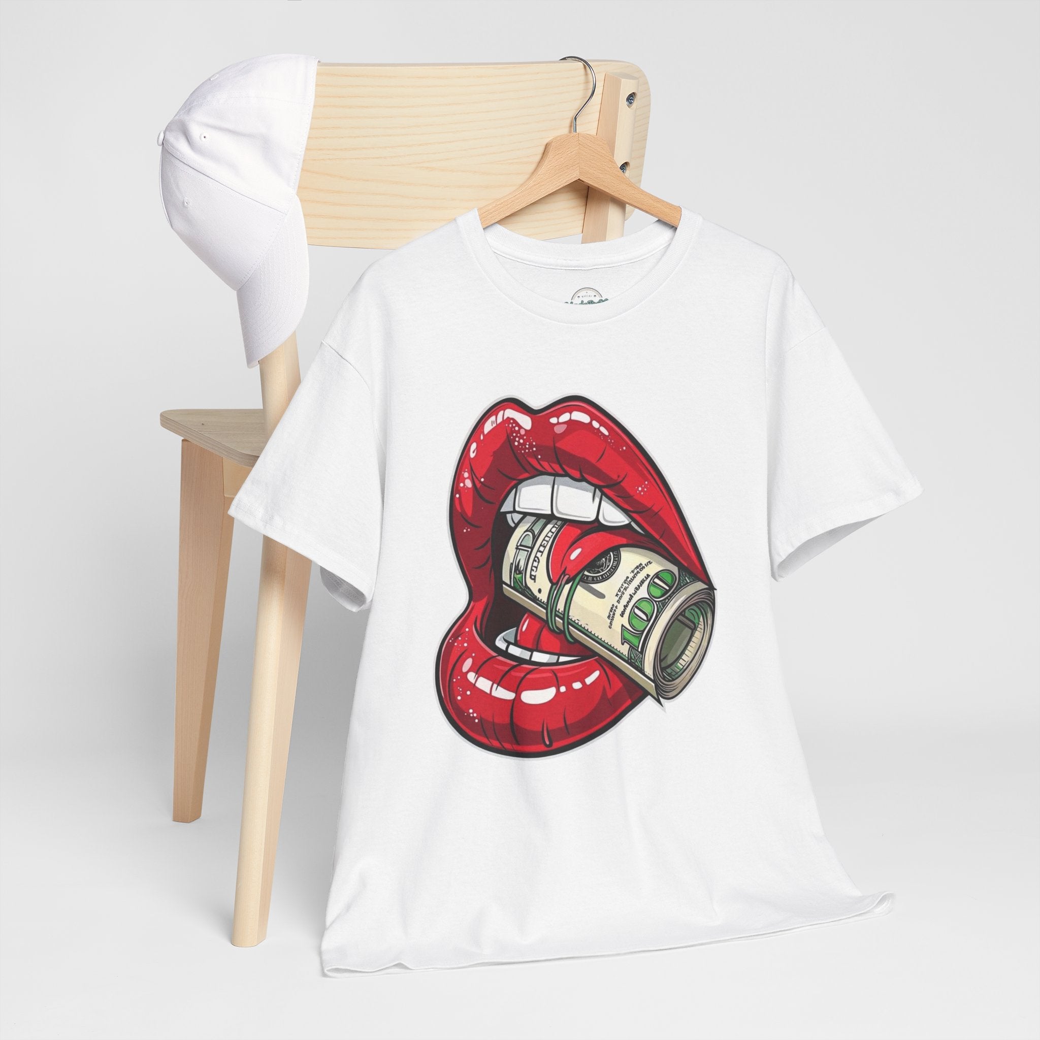Red Glossy Lips with Rolled Dollar Tee | Money Mouth Graphic Shirt