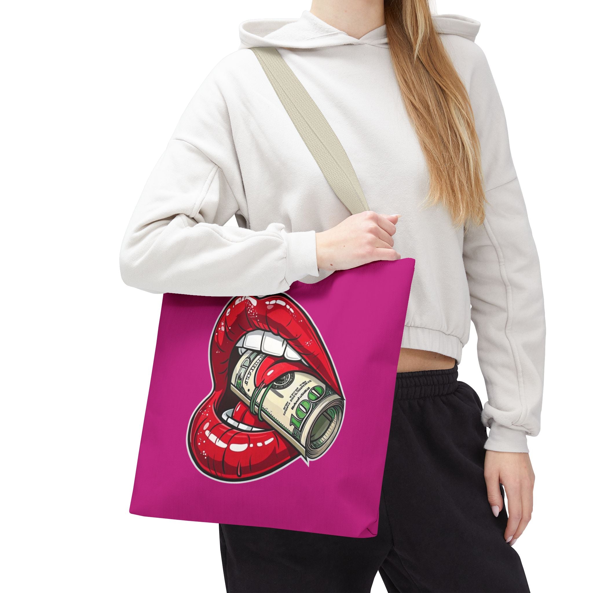 Pink Statement Tote Bag — Red Lips Holding Money Graphic