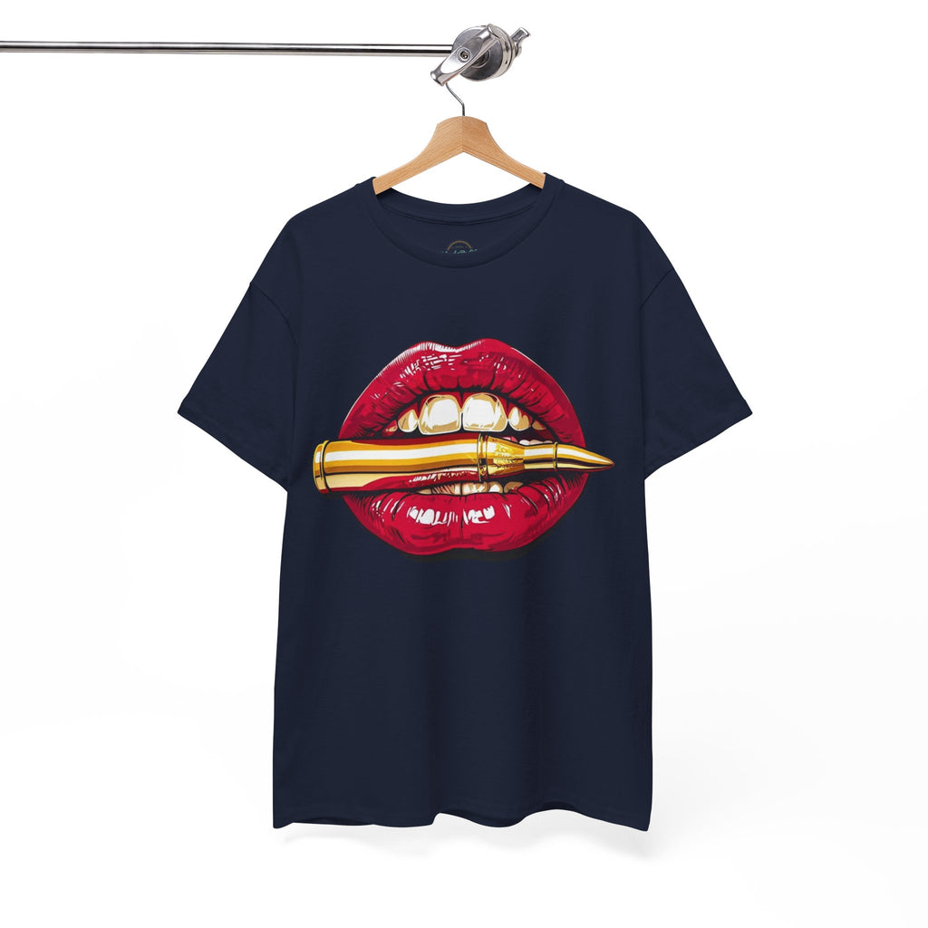 Red Lips Holding Bullet T-Shirt | Edgy Tattoo Style, Graphic Tee
