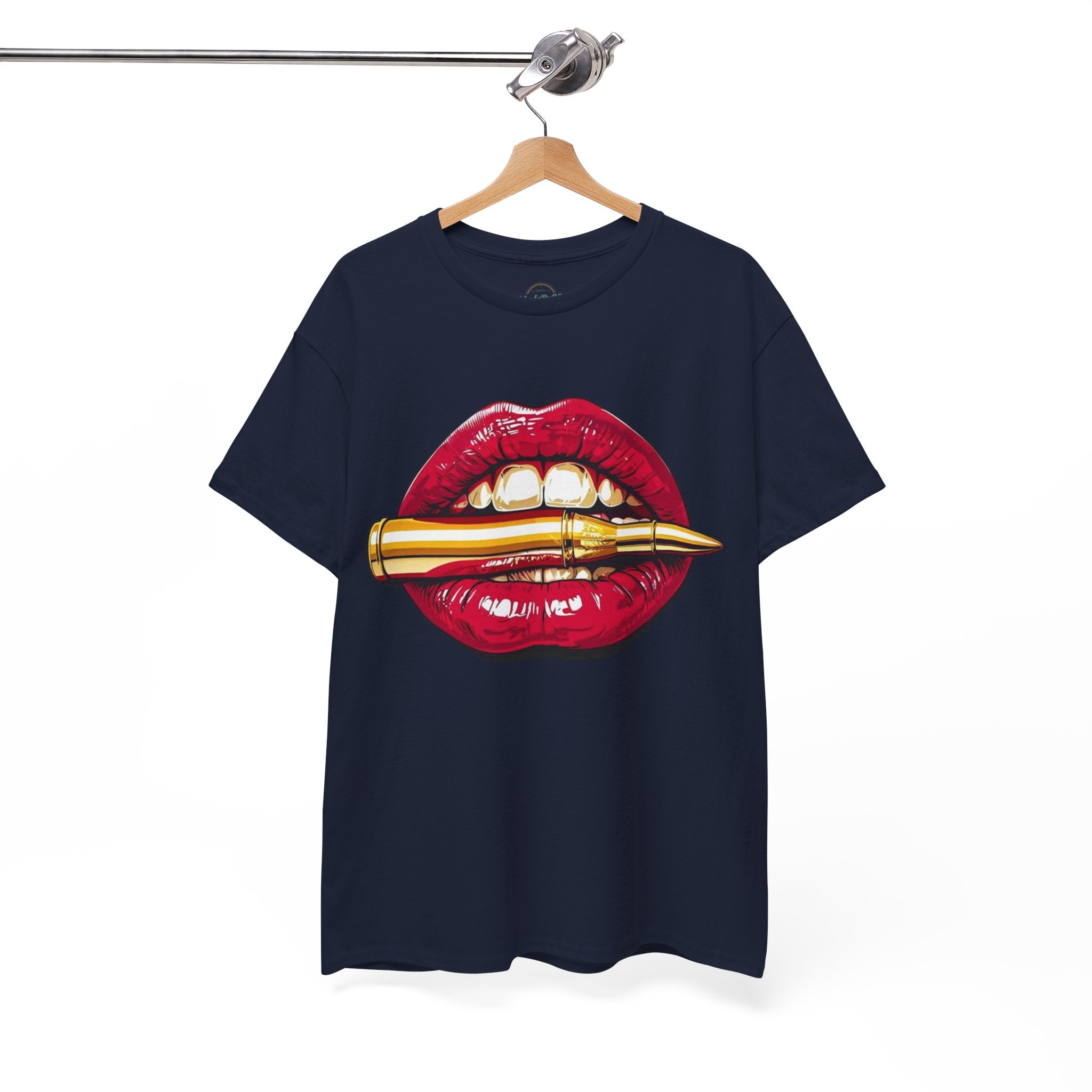 Red Lips Holding Bullet T-Shirt | Edgy Tattoo Style, Graphic Tee