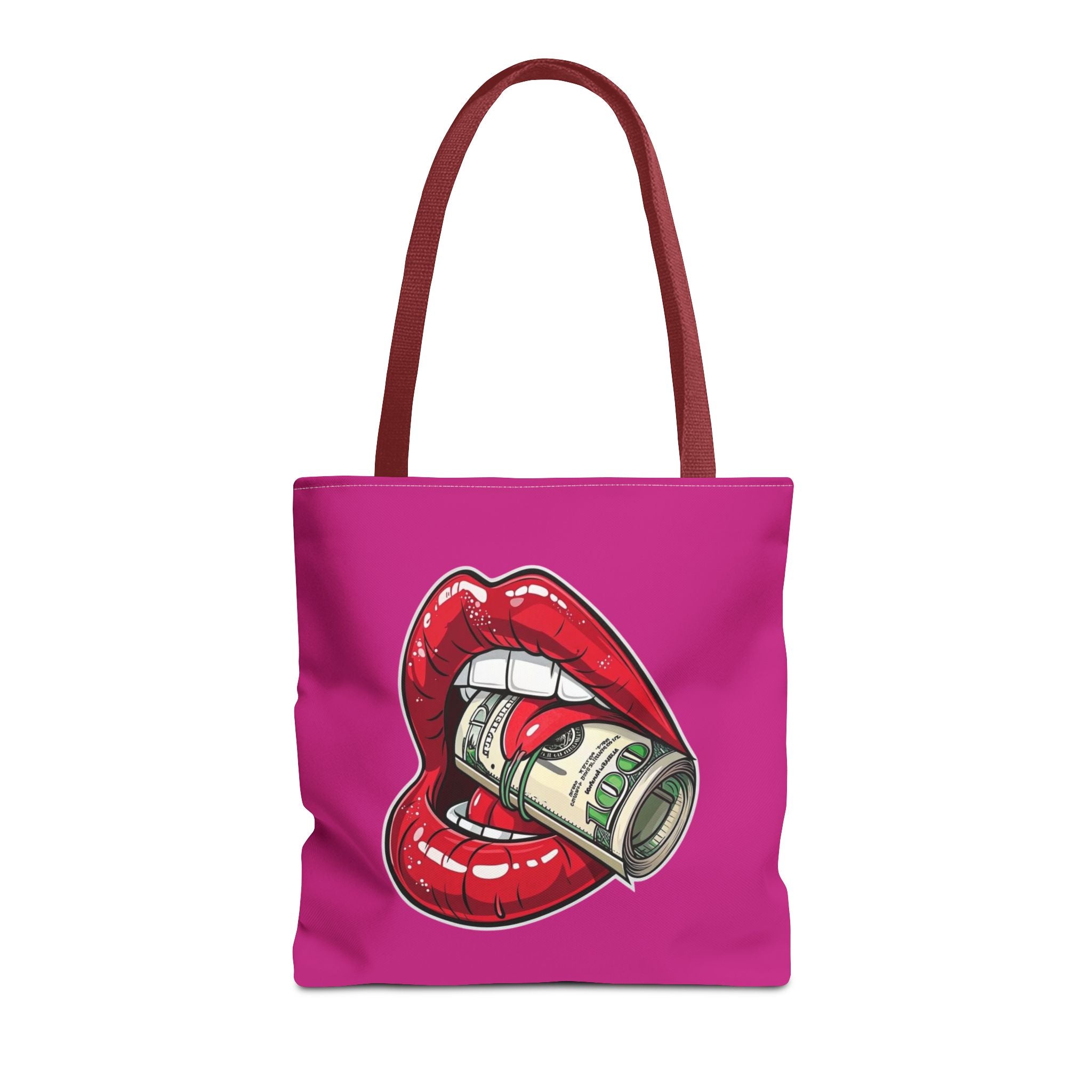 Pink Statement Tote Bag — Red Lips Holding Money Graphic