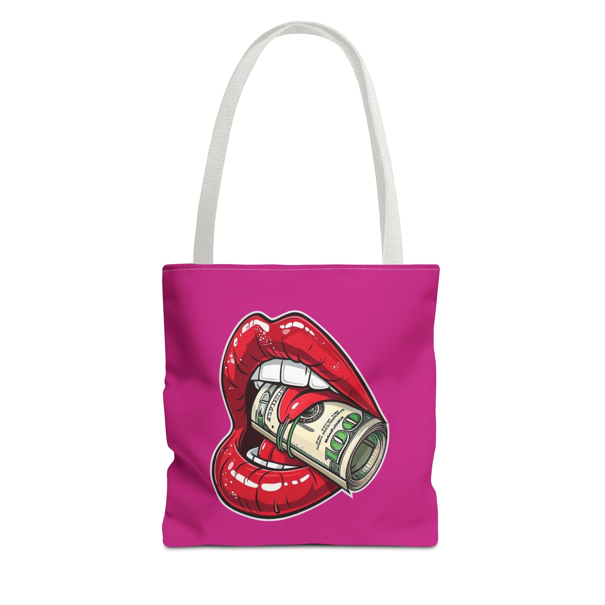 Pink Statement Tote Bag — Red Lips Holding Money Graphic