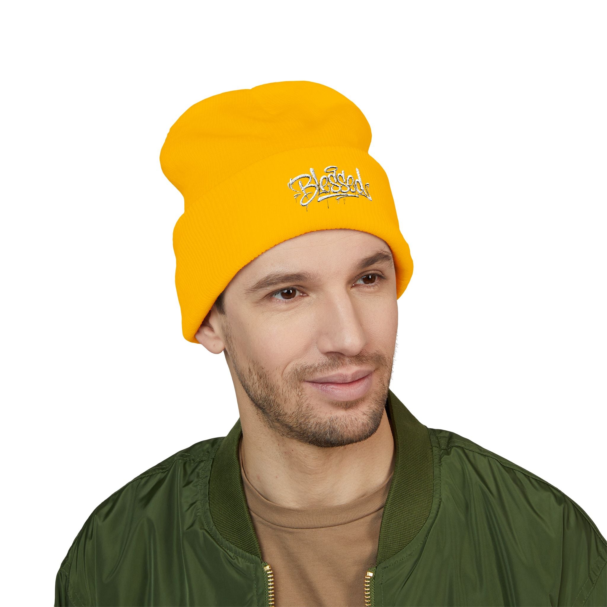 Embroidered "Skateish" Classic Cuffed Beanie — Yellow Knit Hat