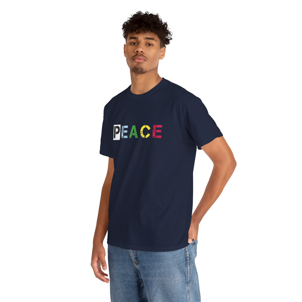 Peace Rainbow Tee — Minimalist Colorful PEACE Graphic T-Shirt