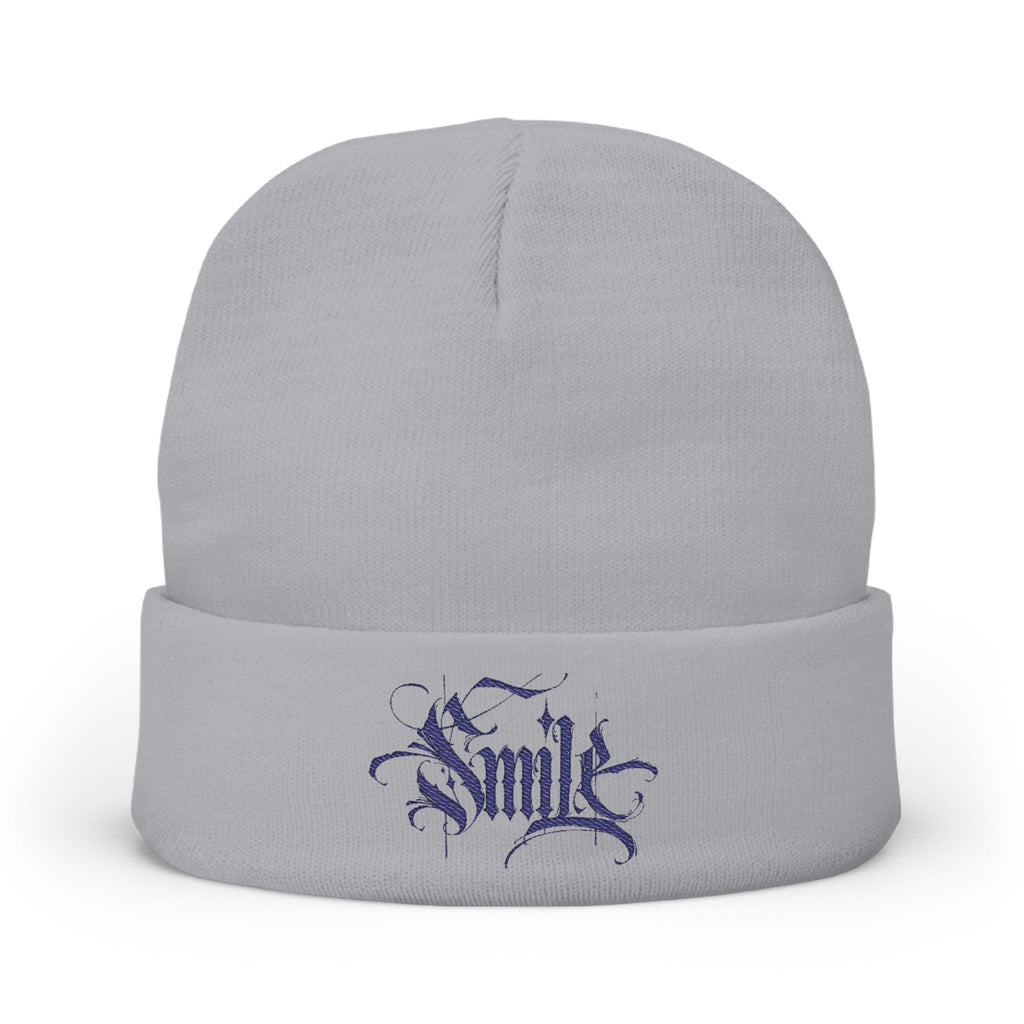Embroidered 'Smile' Knit Beanie — Gothic Script Winter Hat