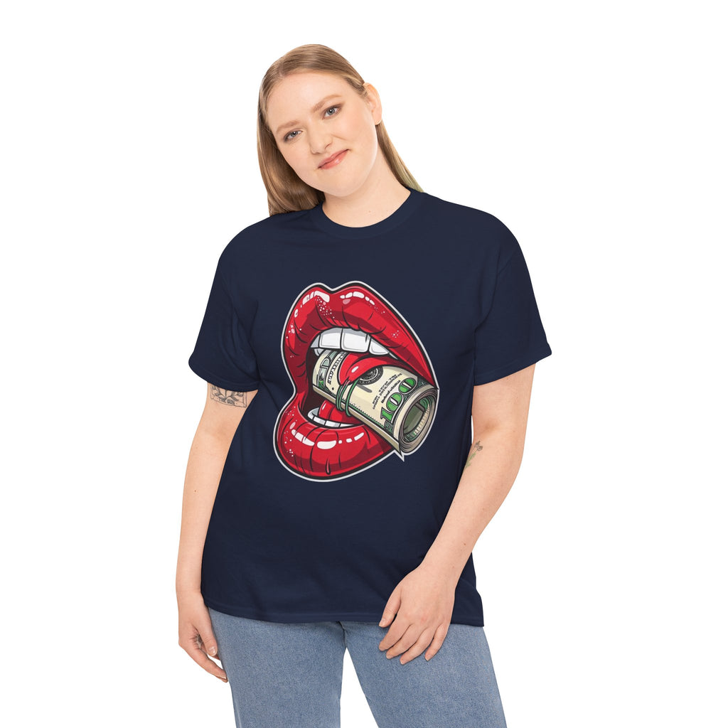 Red Glossy Lips with Rolled Dollar Tee | Money Mouth Graphic Shirt