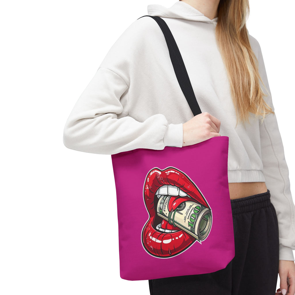 Pink Statement Tote Bag — Red Lips Holding Money Graphic