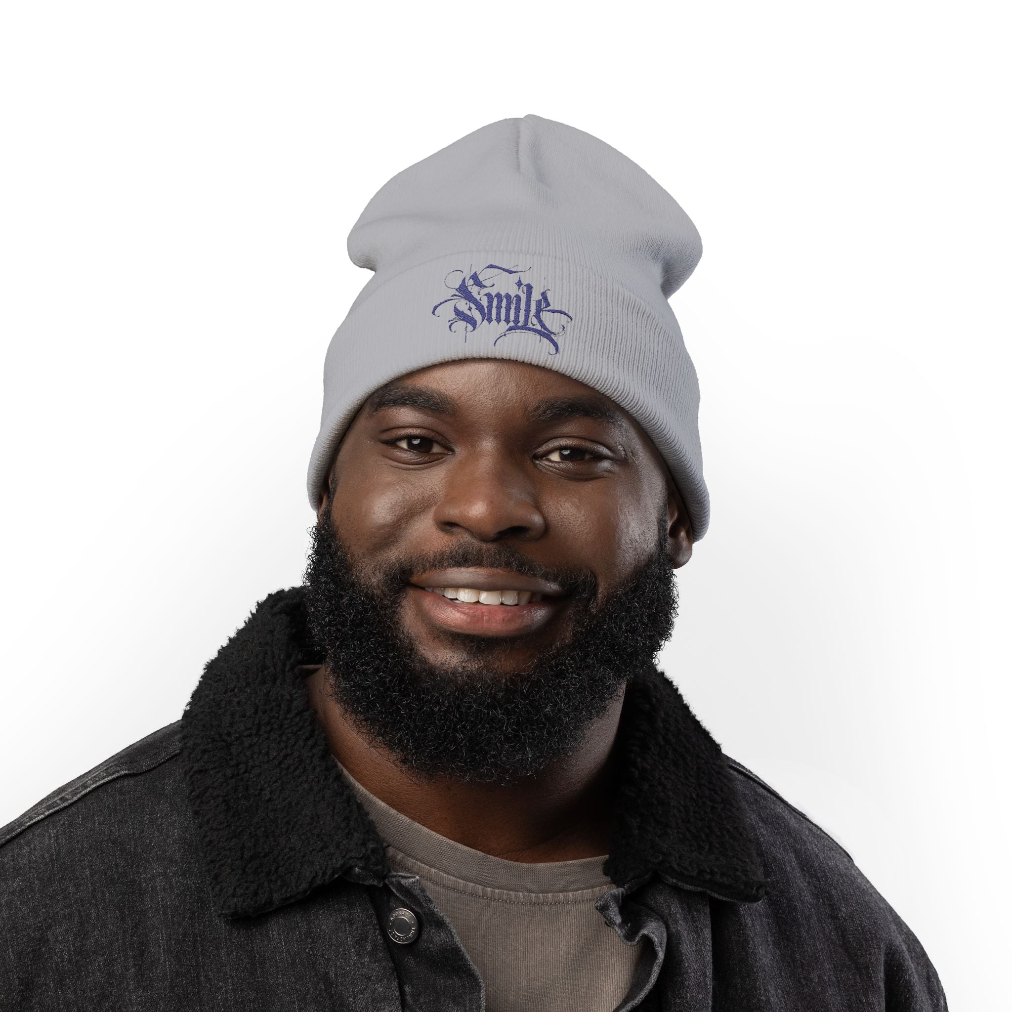 Embroidered 'Smile' Knit Beanie — Gothic Script Winter Hat