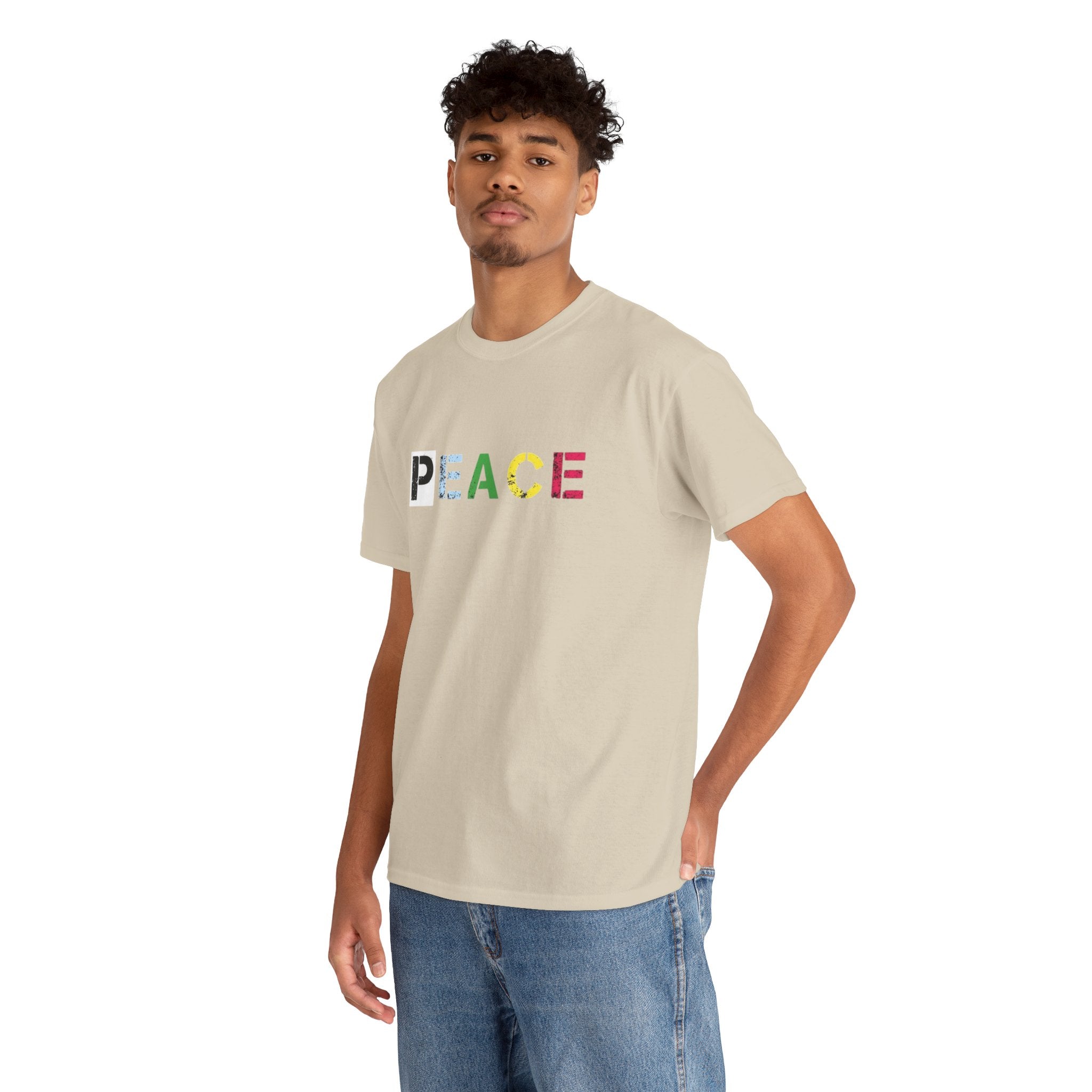 Peace Rainbow Tee — Minimalist Colorful PEACE Graphic T-Shirt
