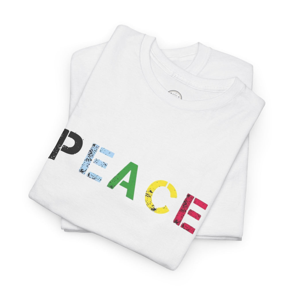 Peace Rainbow Tee — Minimalist Colorful PEACE Graphic T-Shirt