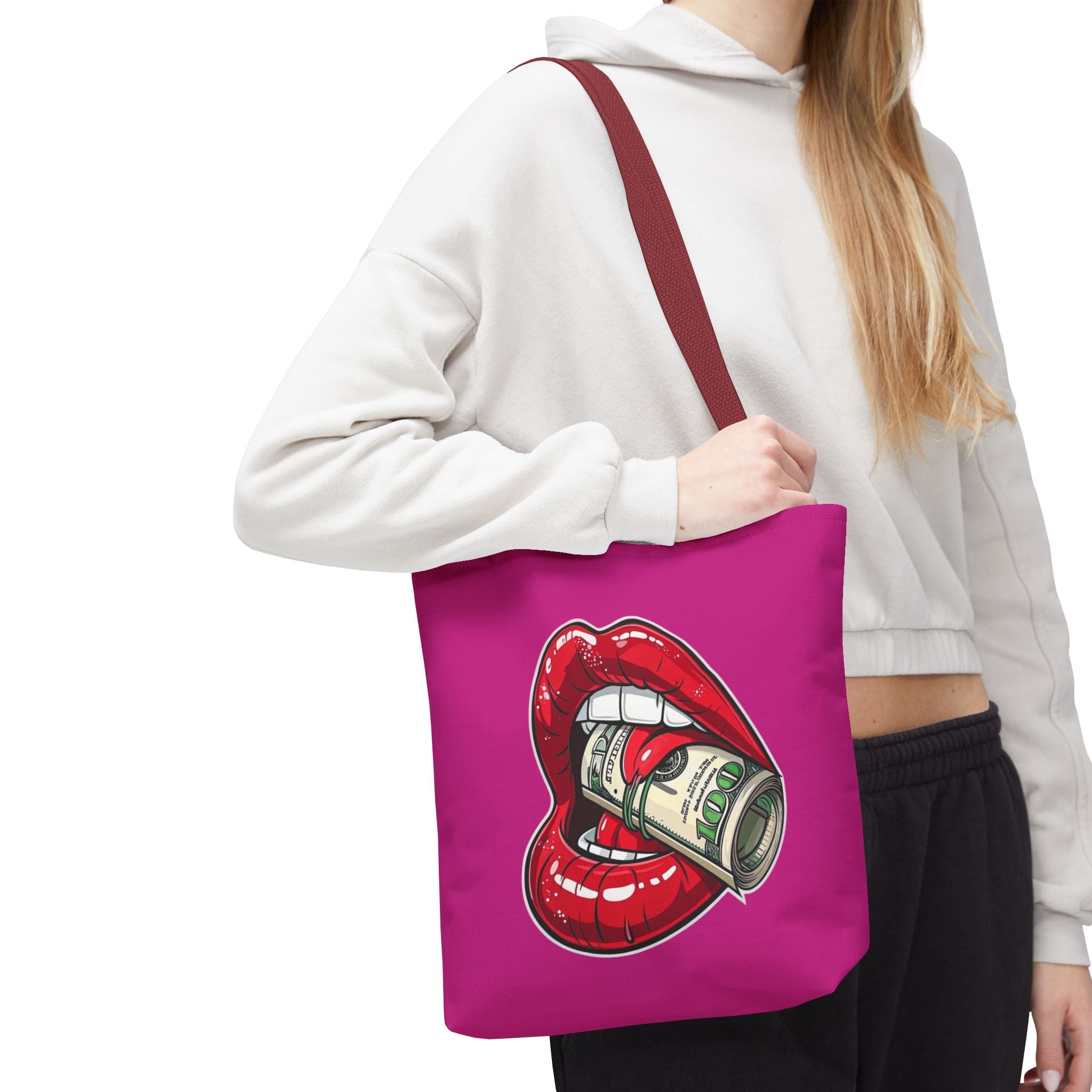 Pink Statement Tote Bag — Red Lips Holding Money Graphic