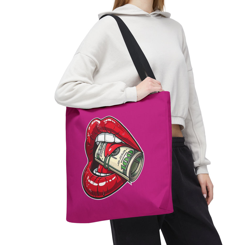 Pink Statement Tote Bag — Red Lips Holding Money Graphic
