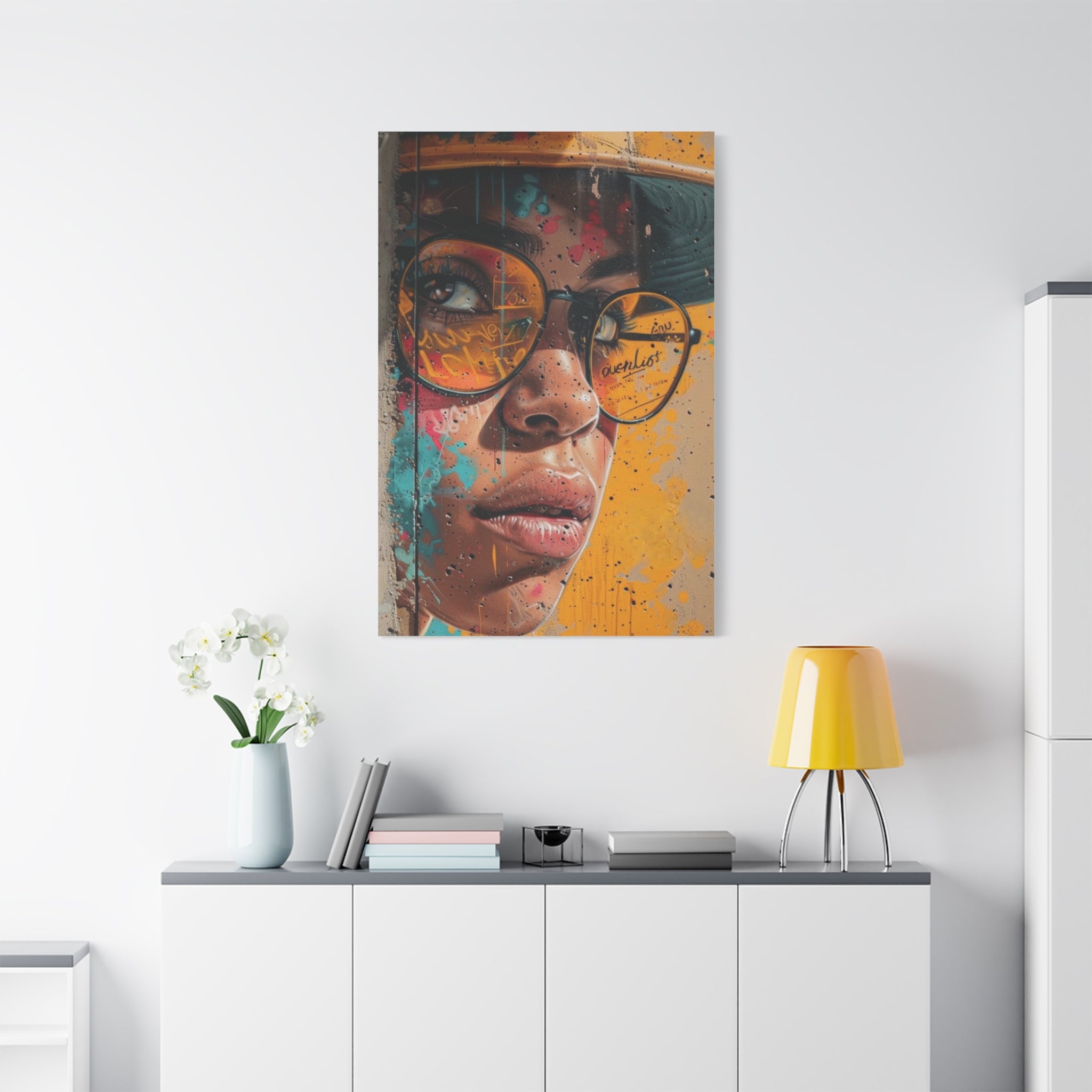 Portrait Canvas Print — Colorful Urban Woman with Glasses Matte Stretched Wall Art