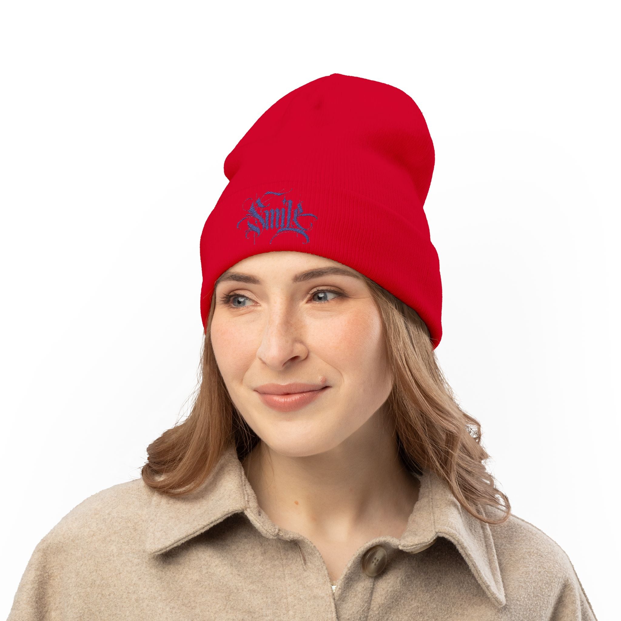 Embroidered 'Smile' Knit Beanie — Gothic Script Winter Hat