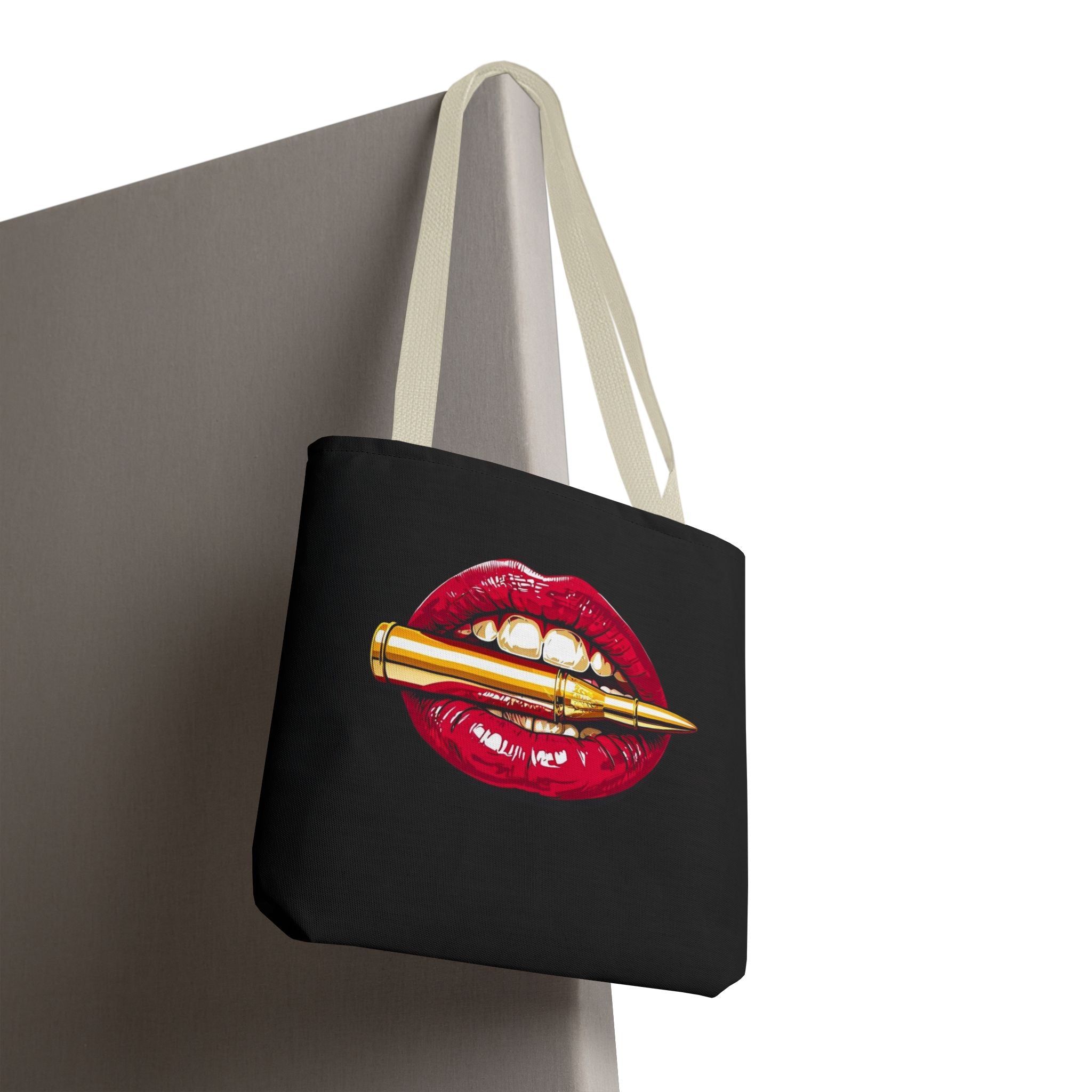 Bullet Bite Tote Bag – Edgy Red Lip Art Tote