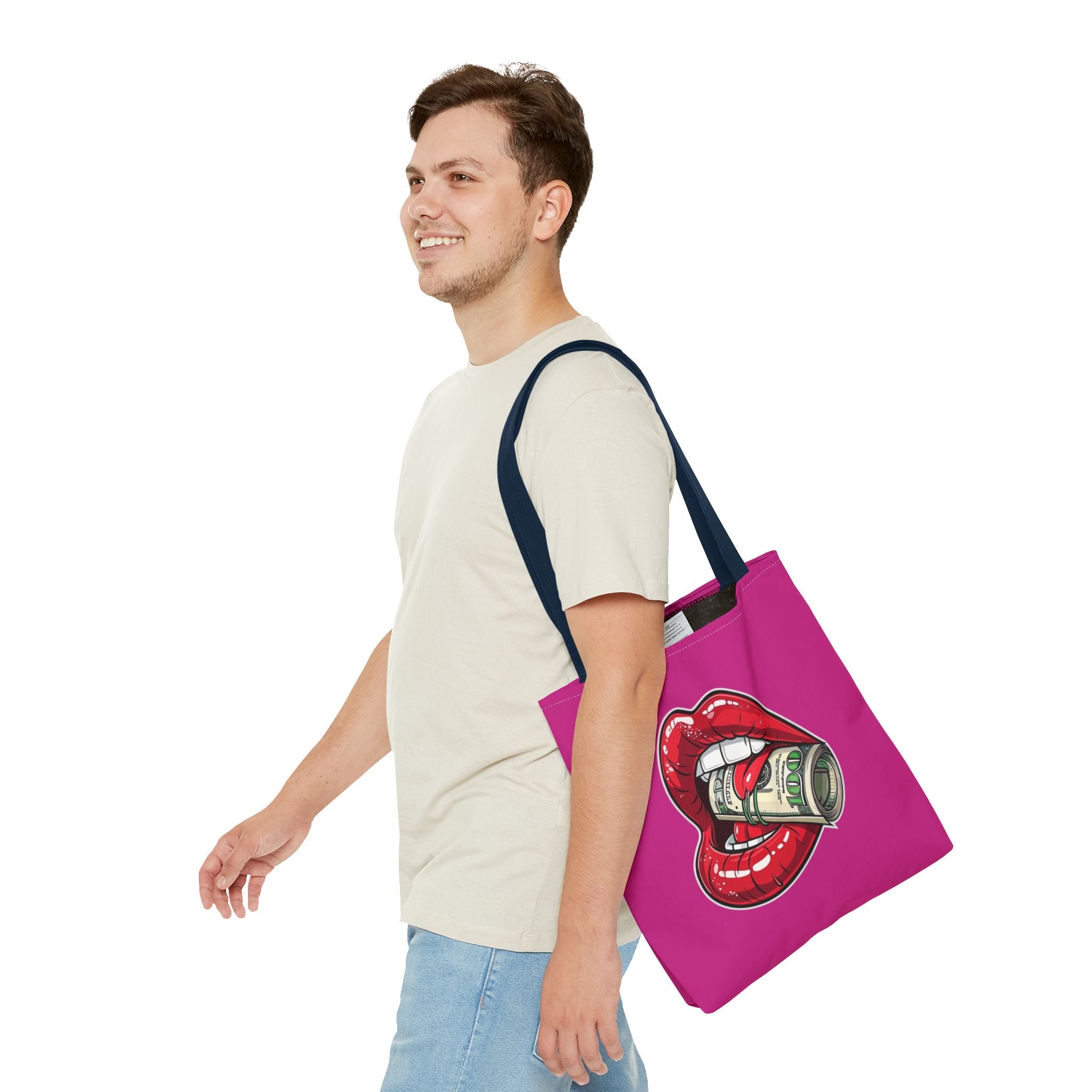 Pink Statement Tote Bag — Red Lips Holding Money Graphic