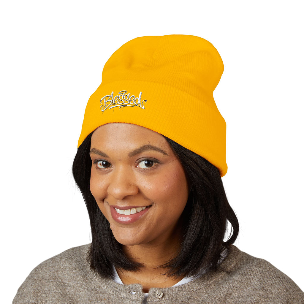 Embroidered "Skateish" Classic Cuffed Beanie — Yellow Knit Hat
