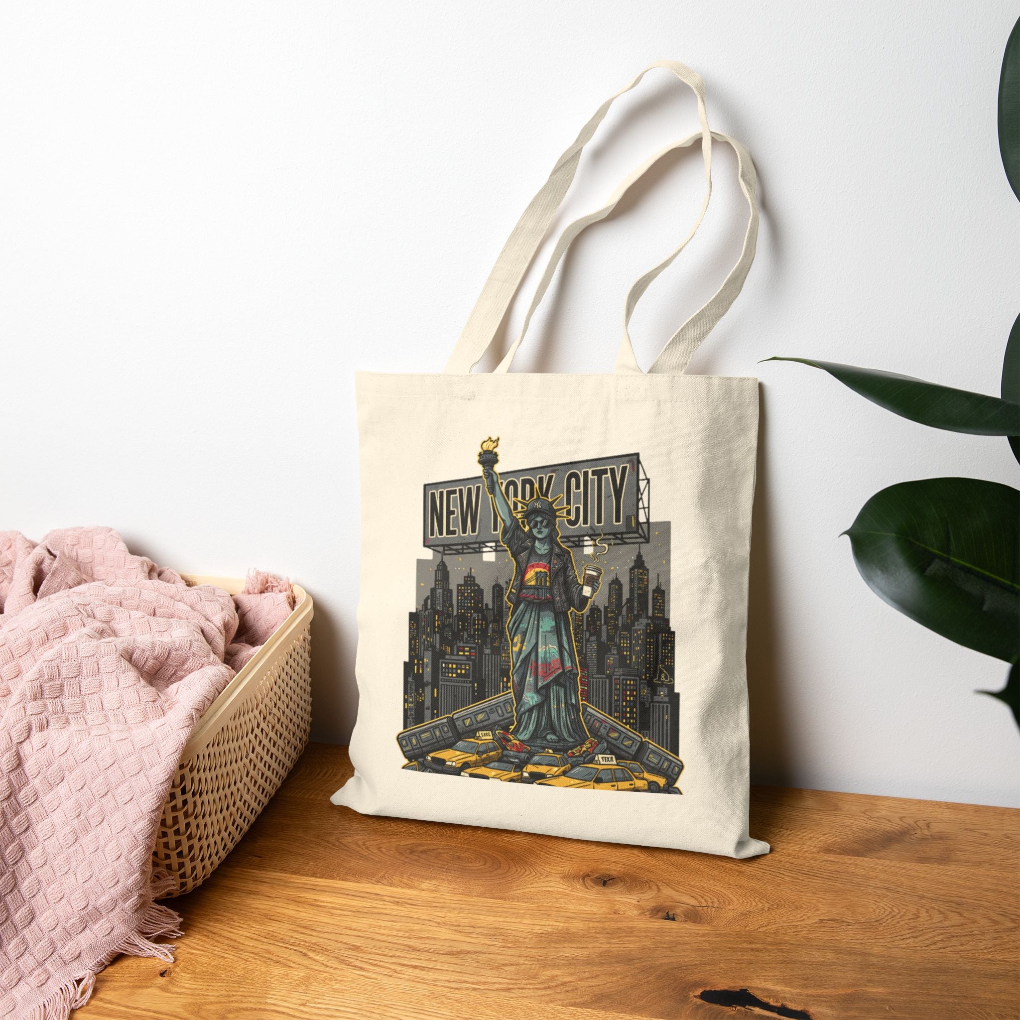 Statue of Liberty Cityscape Tote Bag — New York City Vintage Skyline Canvas Tote