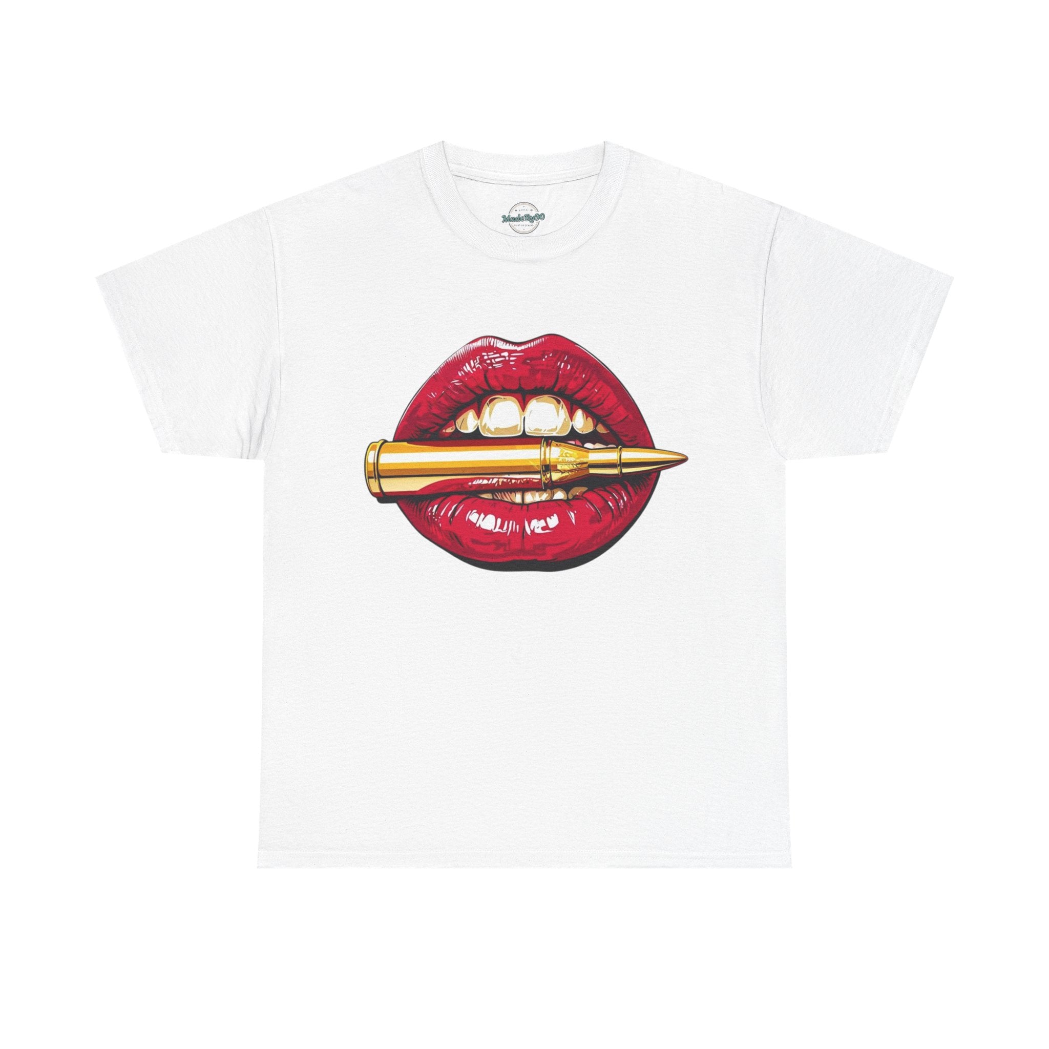 Red Lips Holding Bullet T-Shirt | Edgy Tattoo Style, Graphic Tee