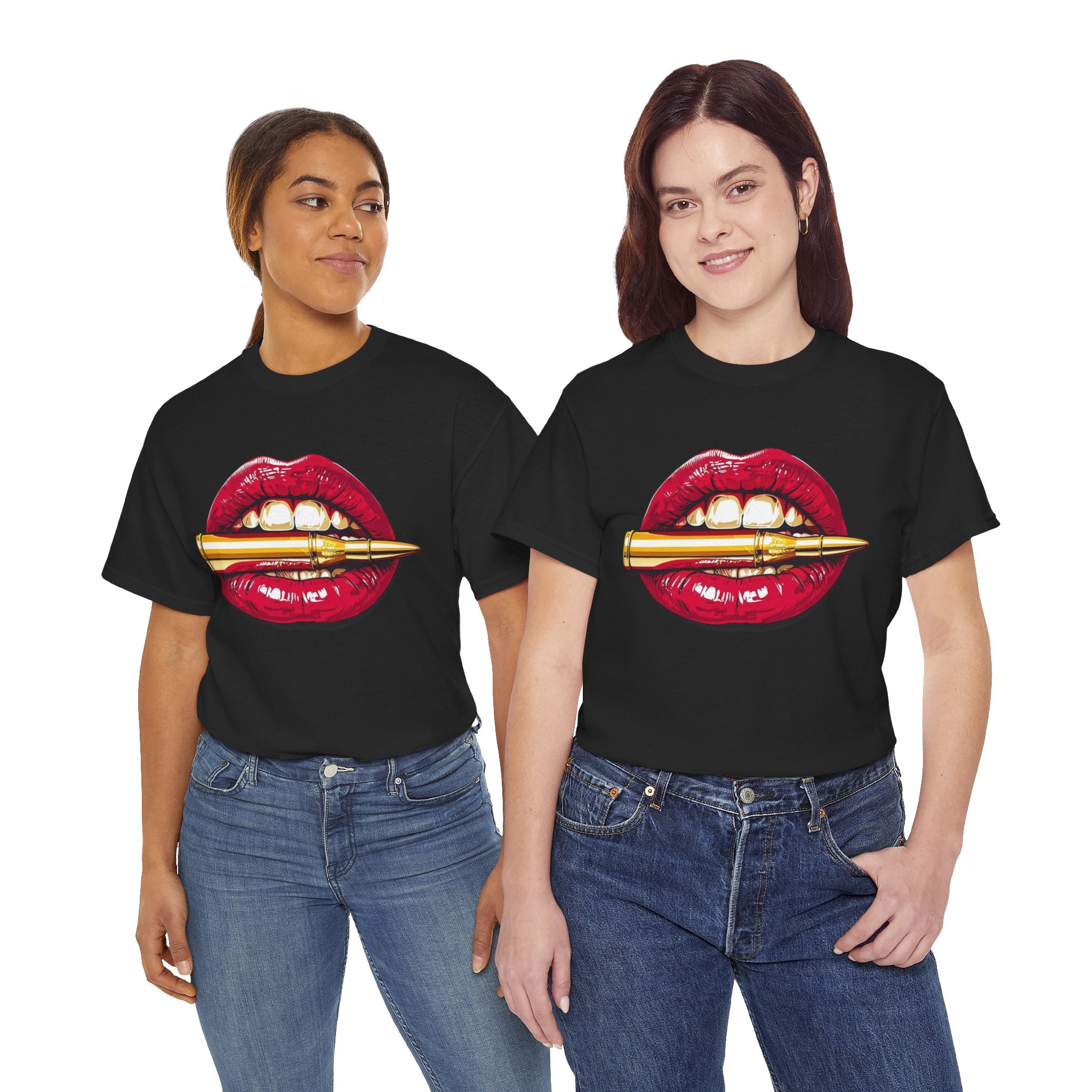 Red Lips Holding Bullet T-Shirt | Edgy Tattoo Style, Graphic Tee