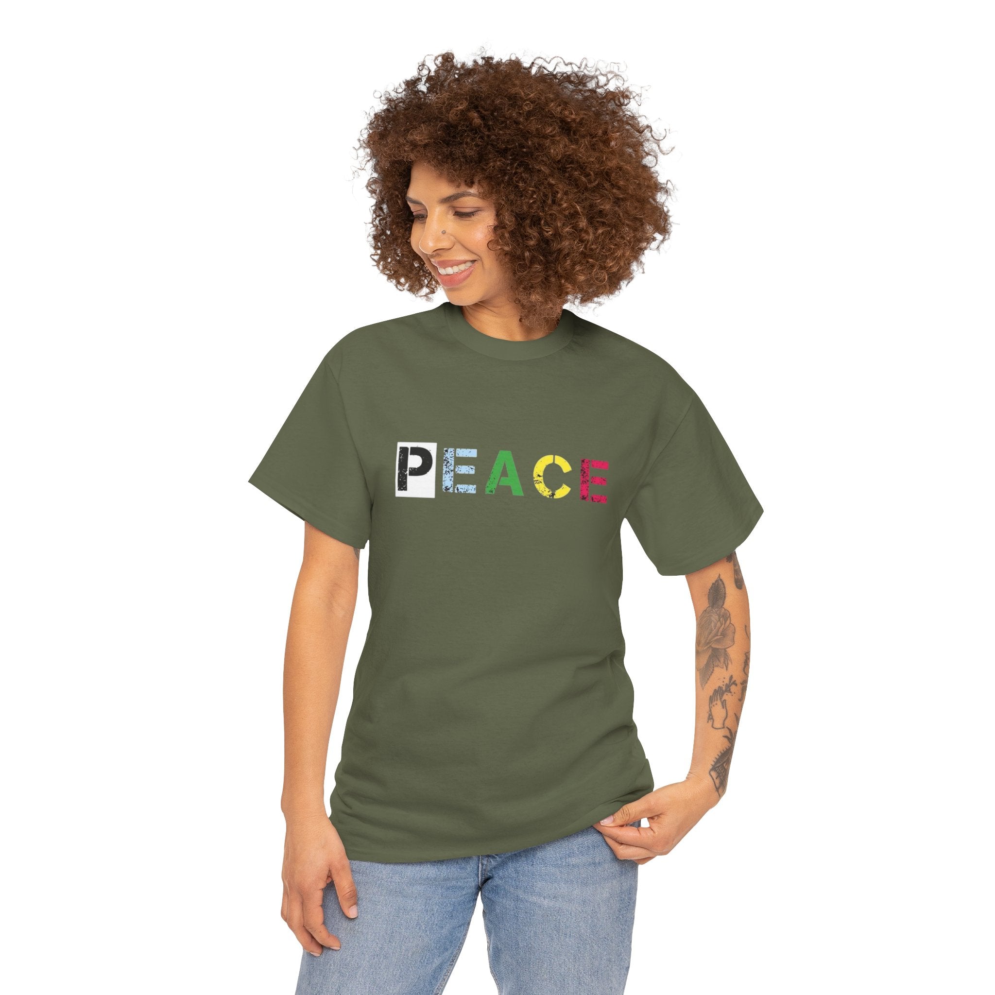 Peace Rainbow Tee — Minimalist Colorful PEACE Graphic T-Shirt