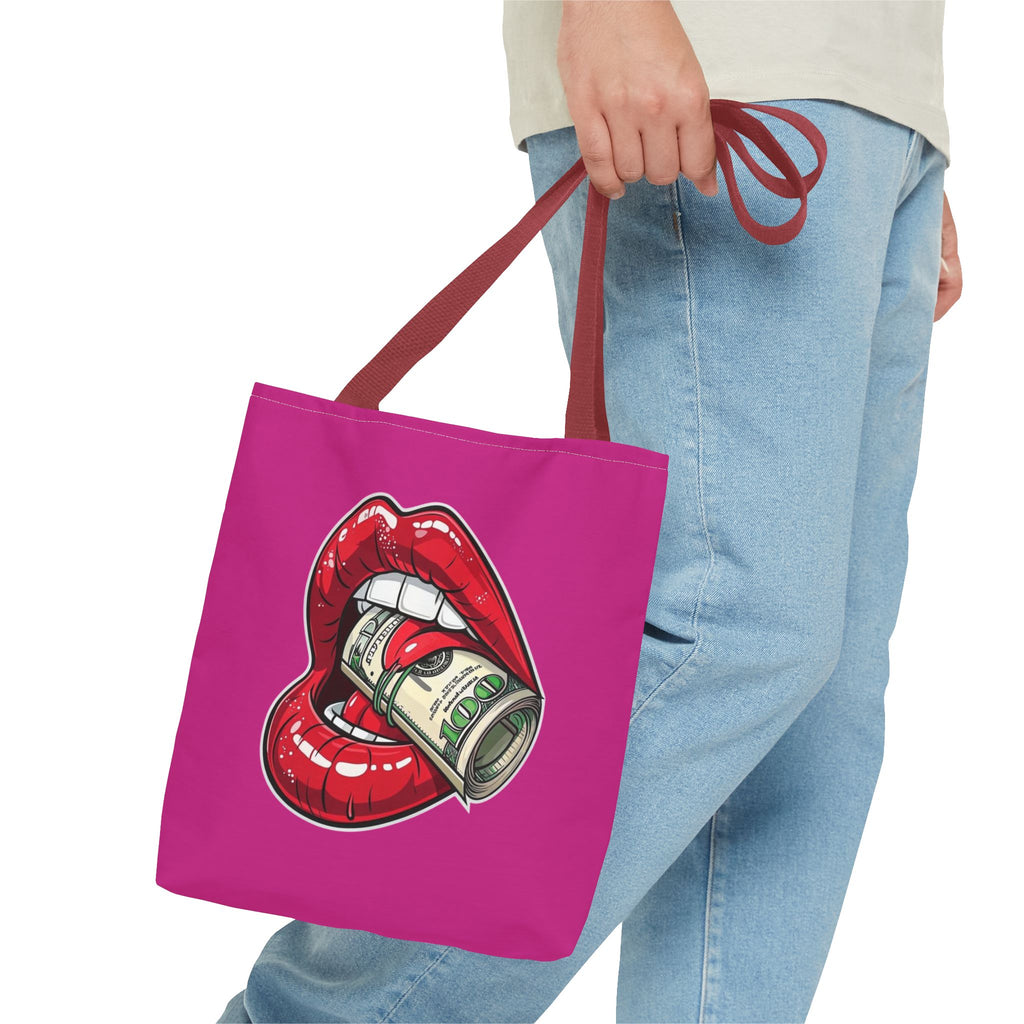 Pink Statement Tote Bag — Red Lips Holding Money Graphic