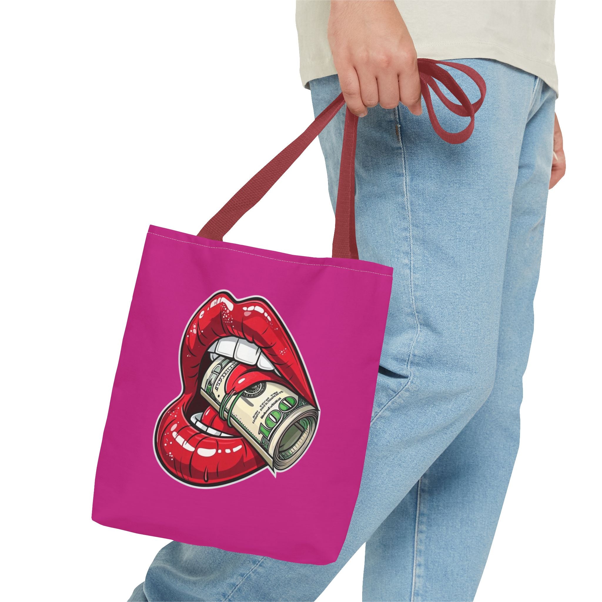 Pink Statement Tote Bag — Red Lips Holding Money Graphic