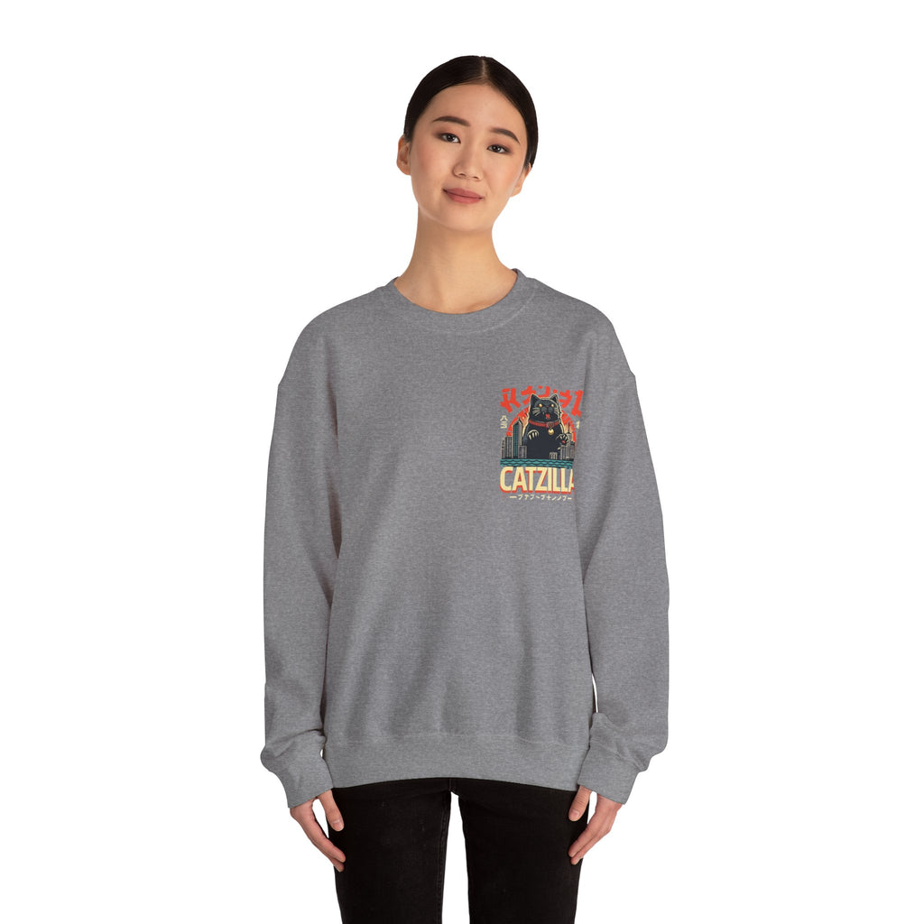 Catzilla Crewneck Sweatshirt — Retro Maneki-Neko Monster Graphic