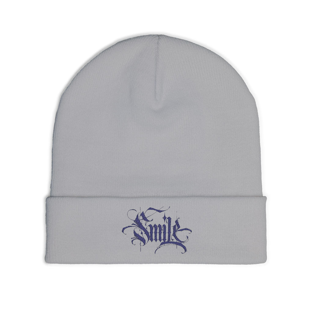 Embroidered 'Smile' Knit Beanie — Gothic Script Winter Hat