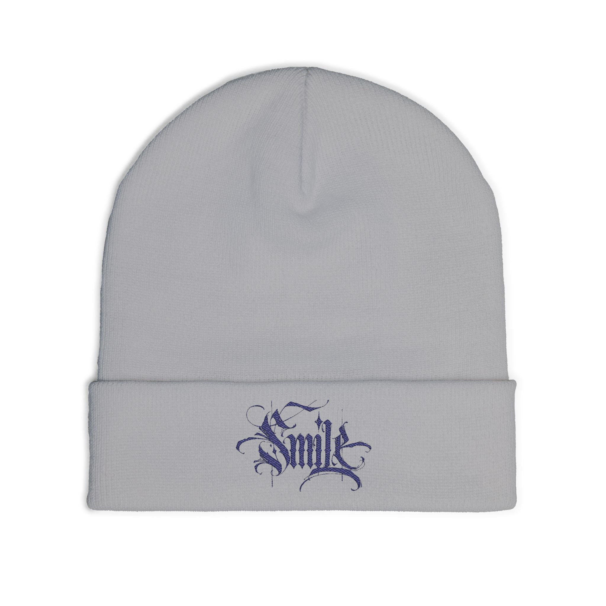 Embroidered 'Smile' Knit Beanie — Gothic Script Winter Hat