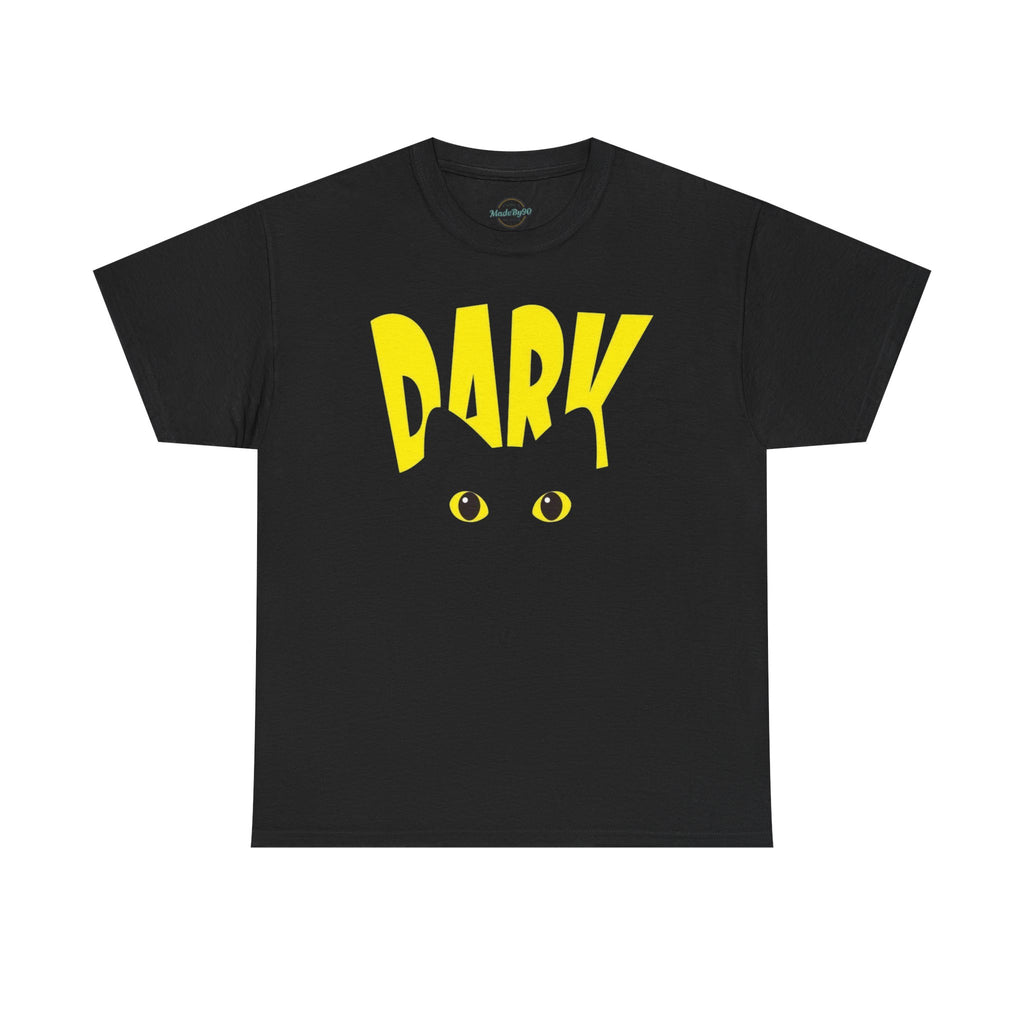 Dark Cat Tee — Yellow 'DARK' Drip Design with Cat Eyes (Halloween & Goth Shirt)