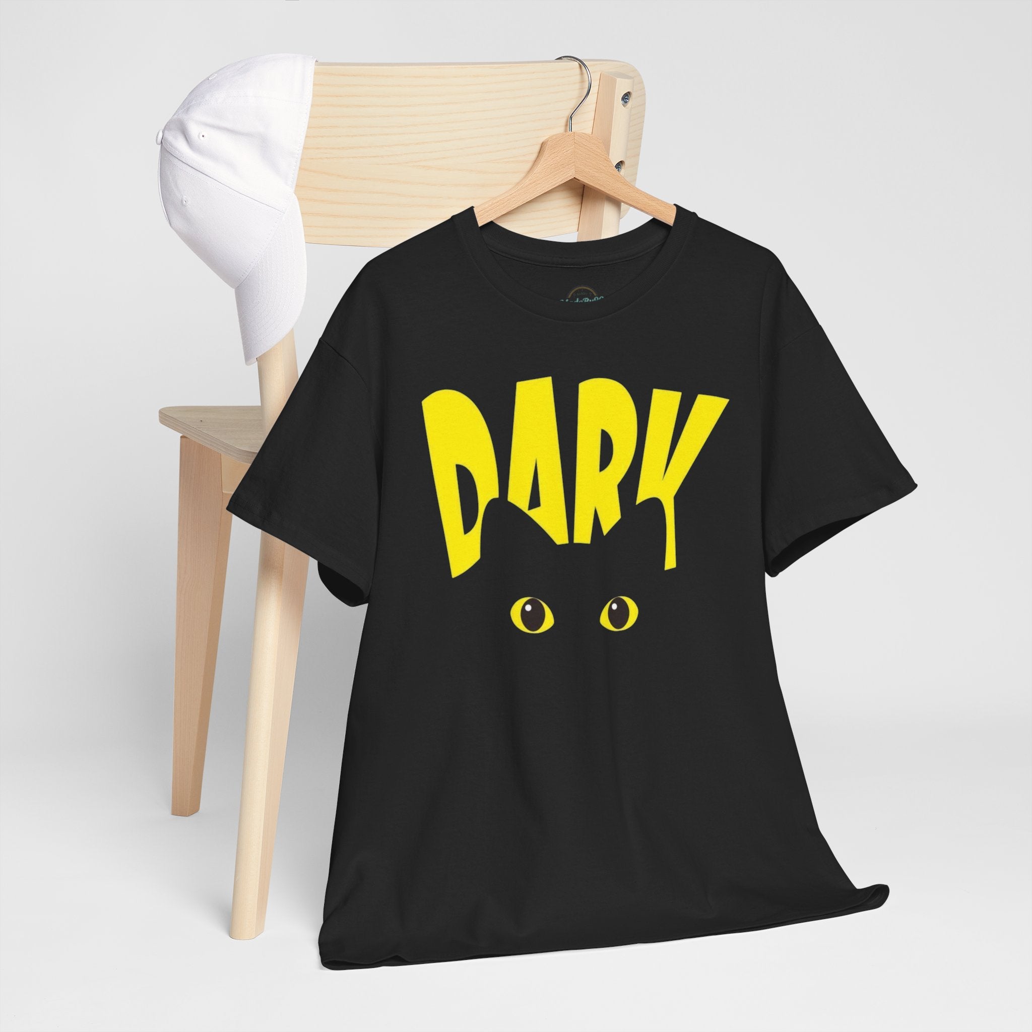 Dark Cat Tee — Yellow 'DARK' Drip Design with Cat Eyes (Halloween & Goth Shirt)