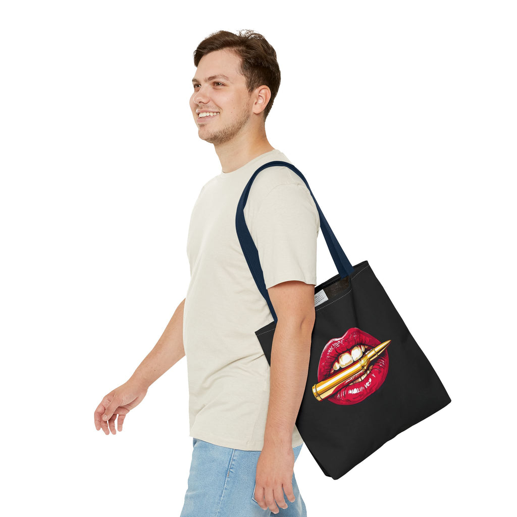 Bullet Bite Tote Bag – Edgy Red Lip Art Tote