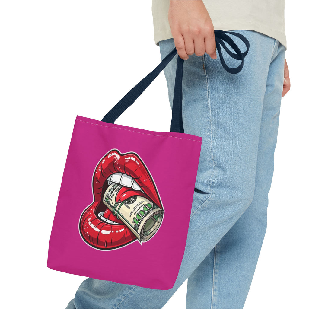 Pink Statement Tote Bag — Red Lips Holding Money Graphic