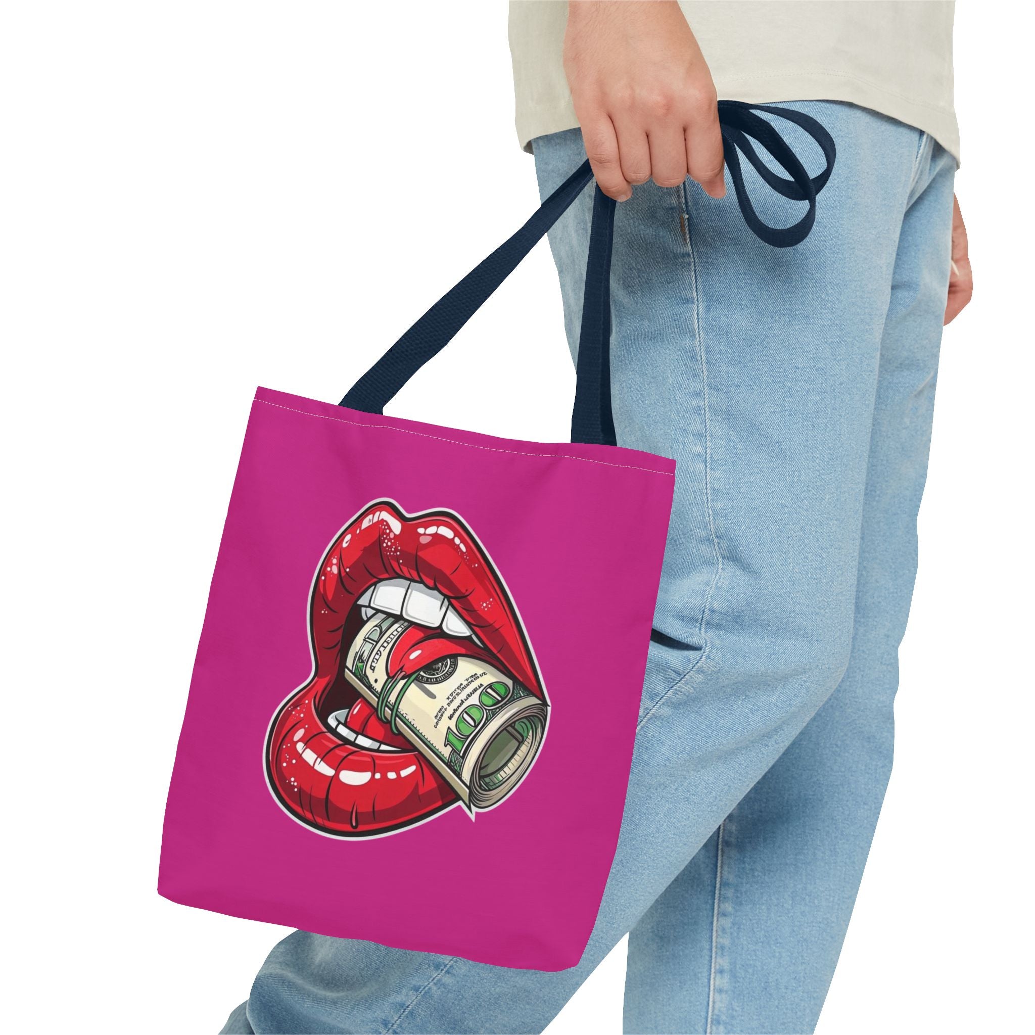 Pink Statement Tote Bag — Red Lips Holding Money Graphic
