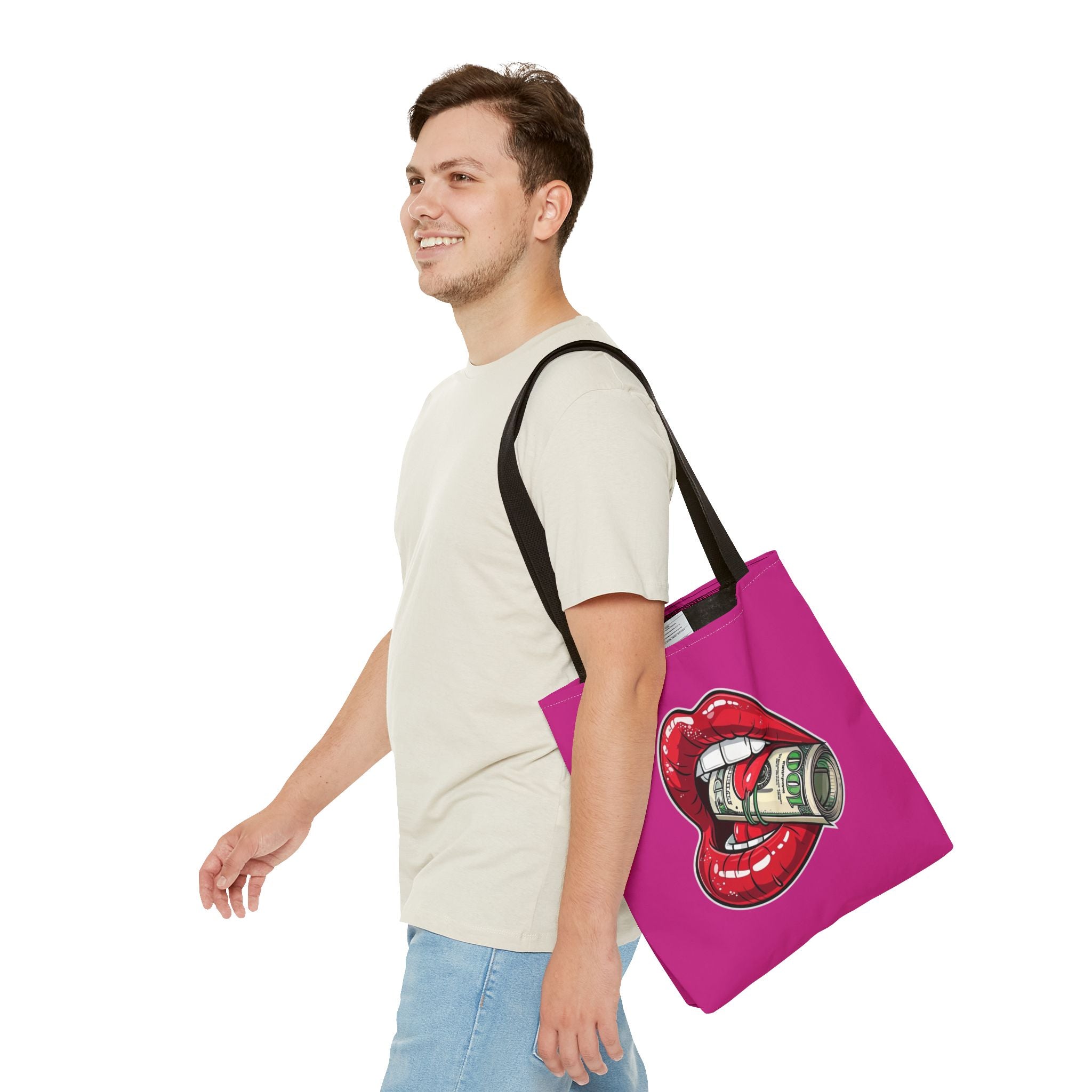 Pink Statement Tote Bag — Red Lips Holding Money Graphic