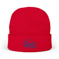 Embroidered 'Smile' Knit Beanie — Gothic Script Winter Hat