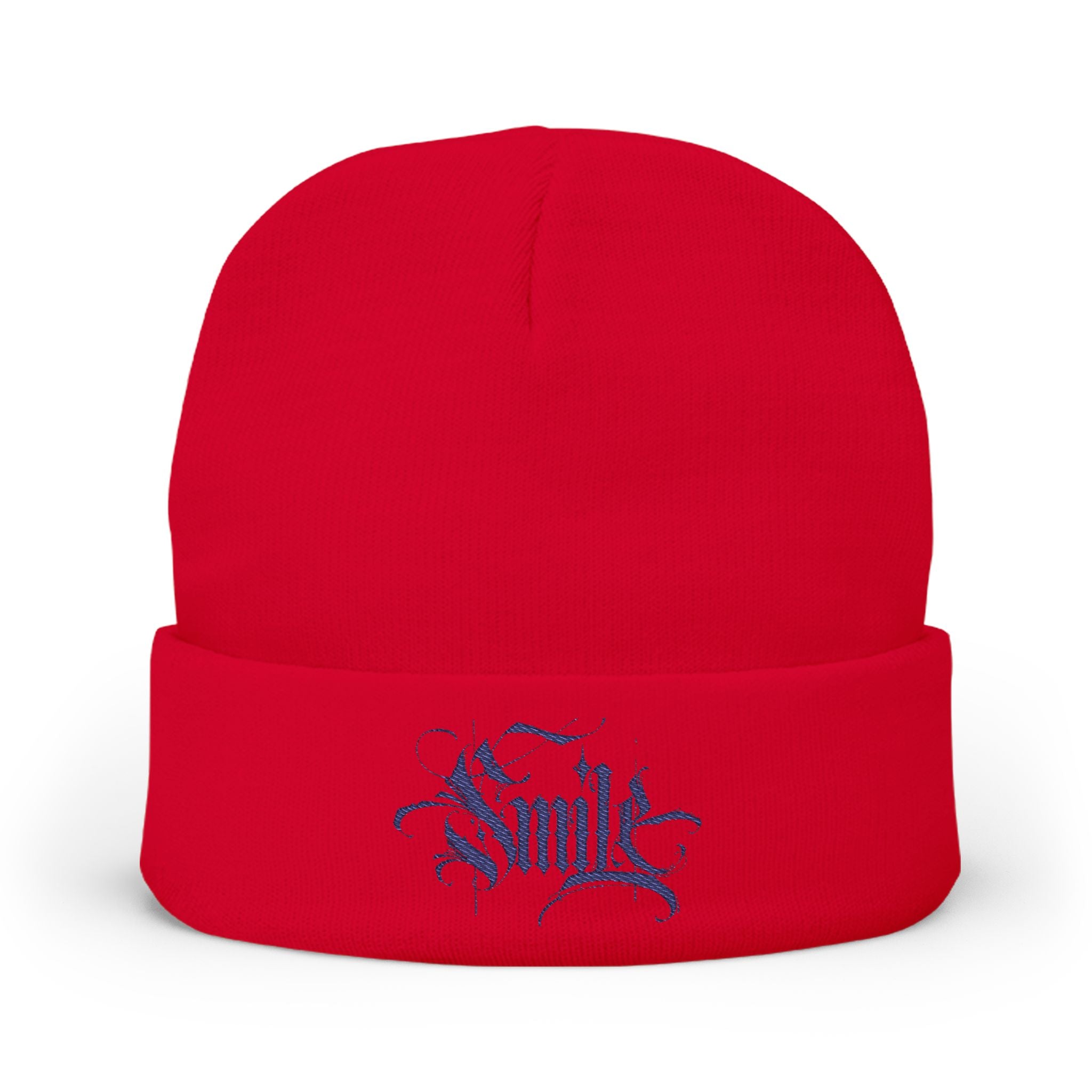 Embroidered 'Smile' Knit Beanie — Gothic Script Winter Hat