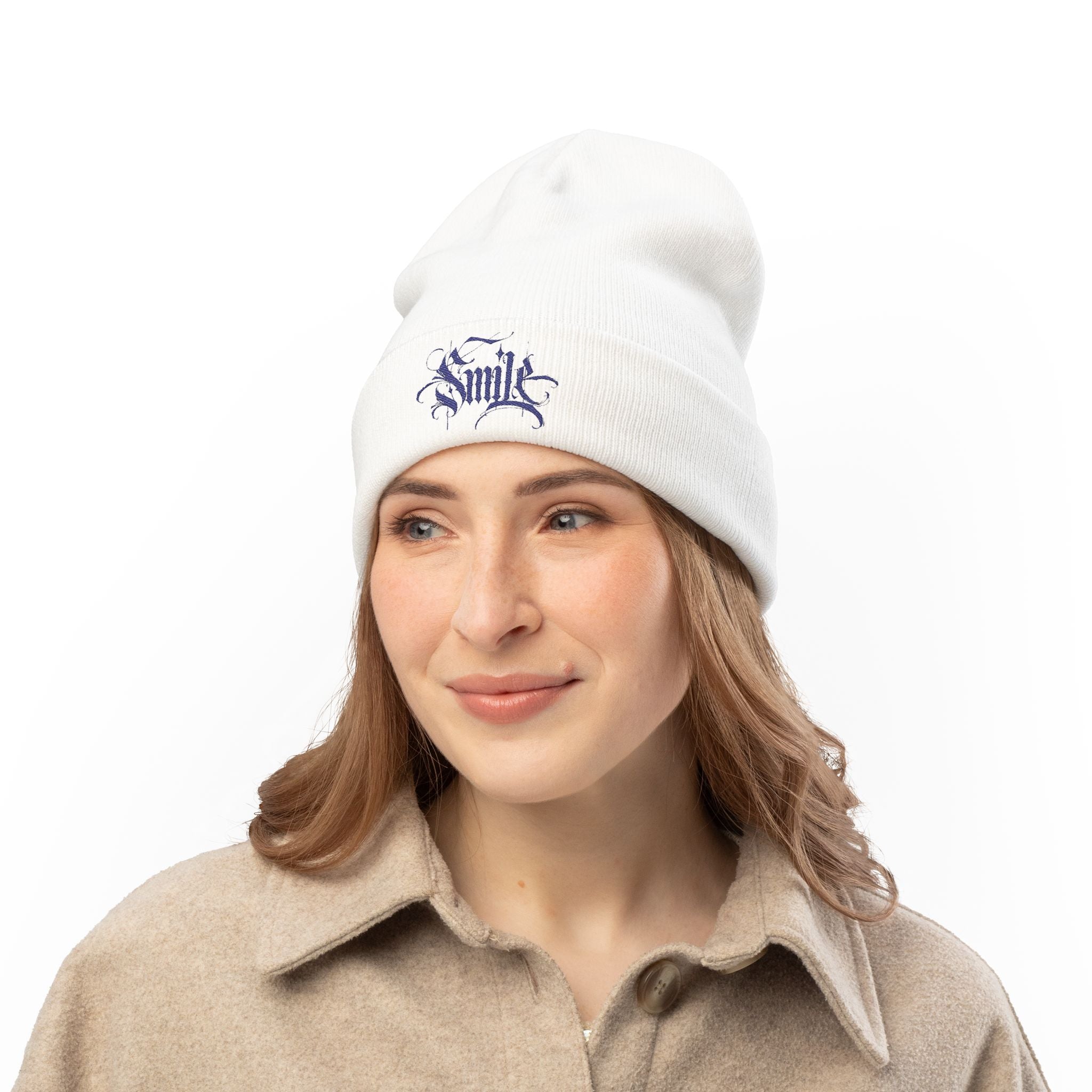 Embroidered 'Smile' Knit Beanie — Gothic Script Winter Hat