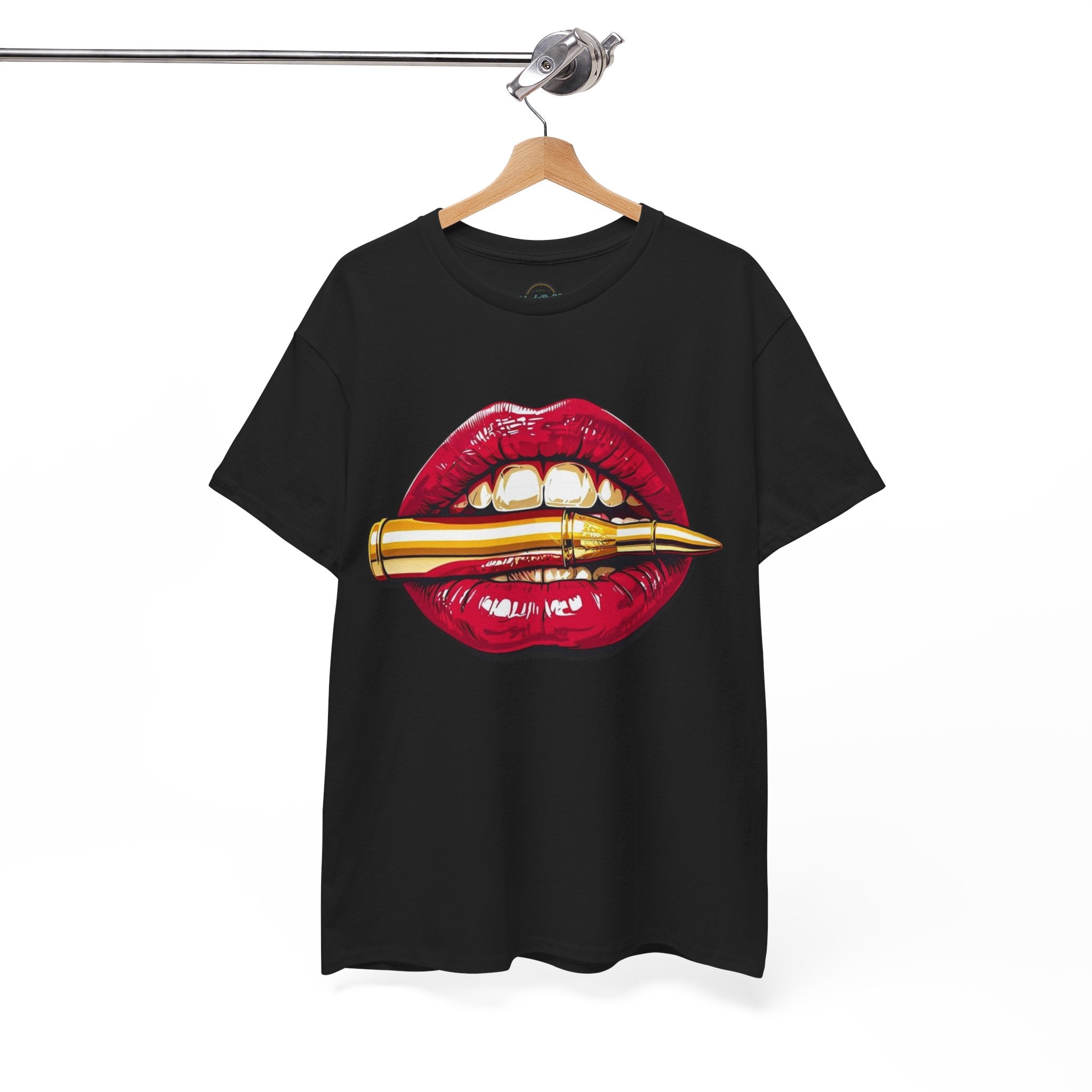 Red Lips Holding Bullet T-Shirt | Edgy Tattoo Style, Graphic Tee