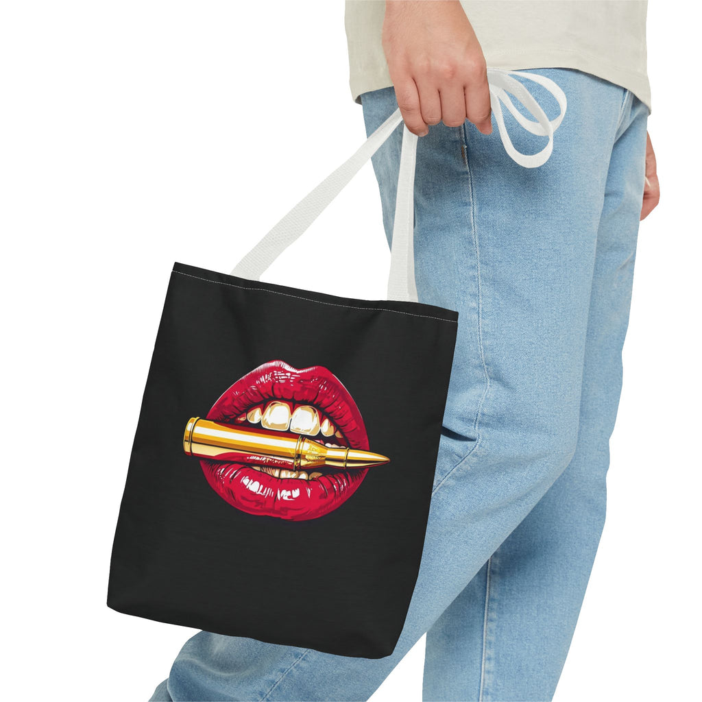 Bullet Bite Tote Bag – Edgy Red Lip Art Tote
