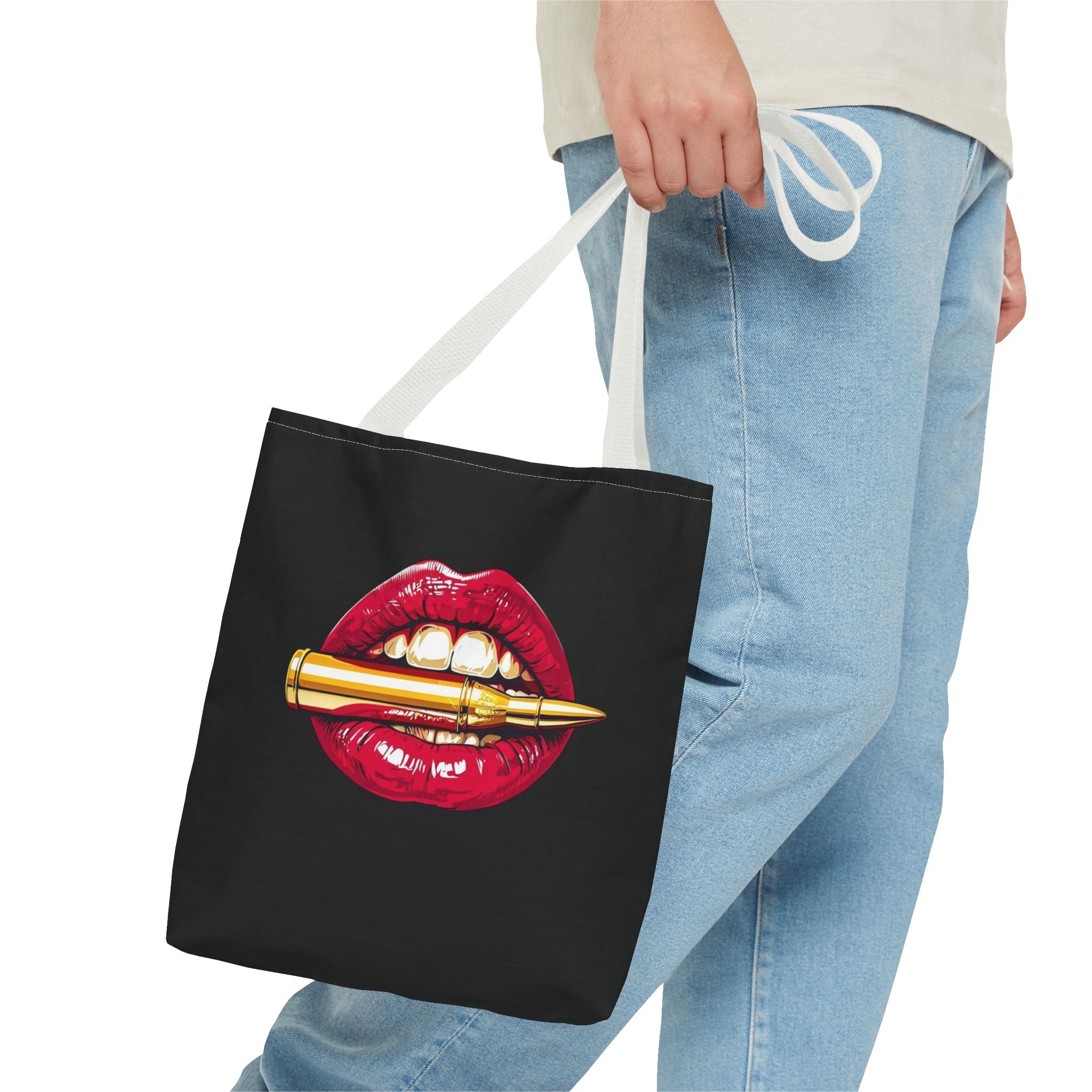 Bullet Bite Tote Bag – Edgy Red Lip Art Tote